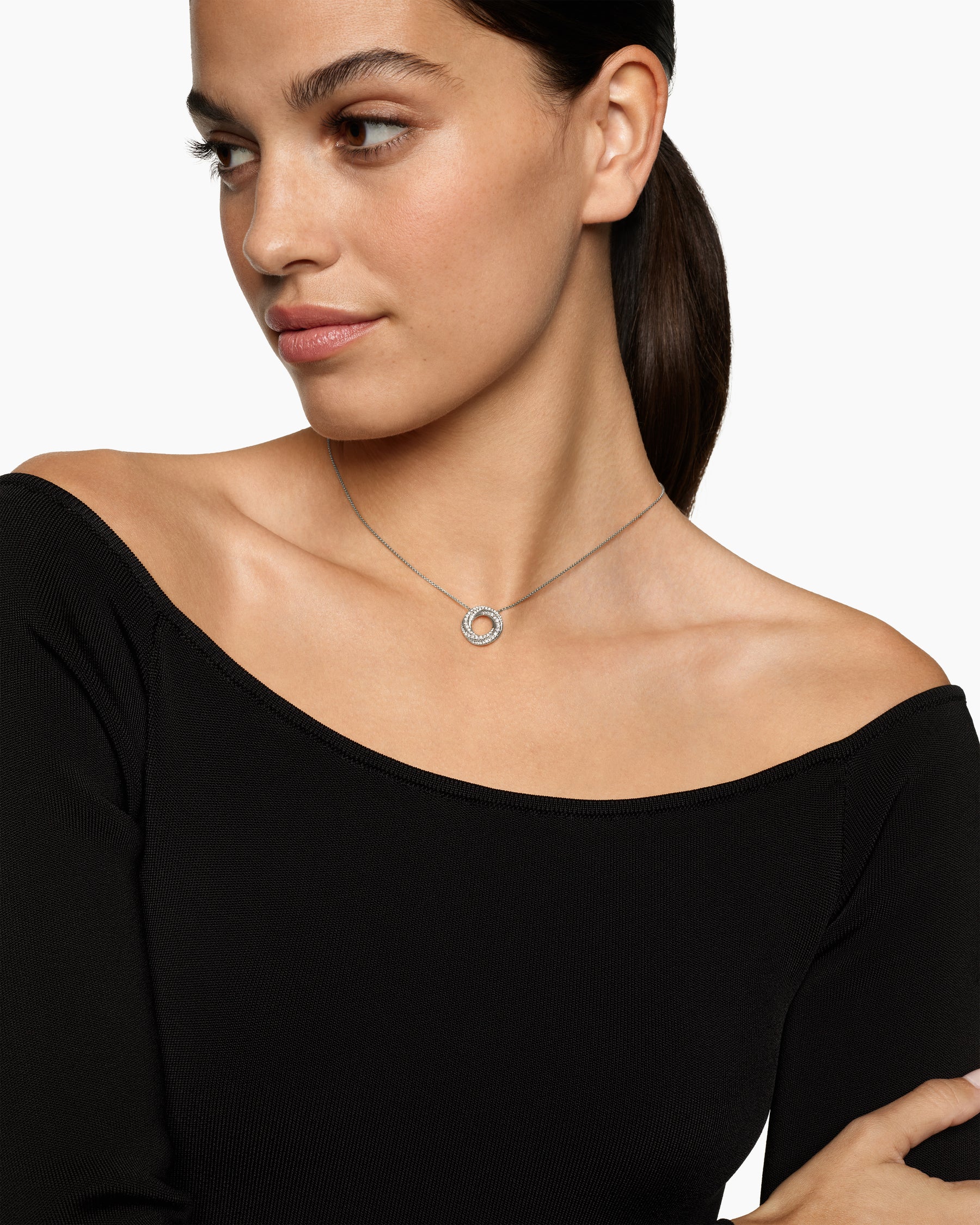 Alternative view of Petite Pavé Crossover Pendant Necklace in 18K White Gold with Diamonds, 15.5mm