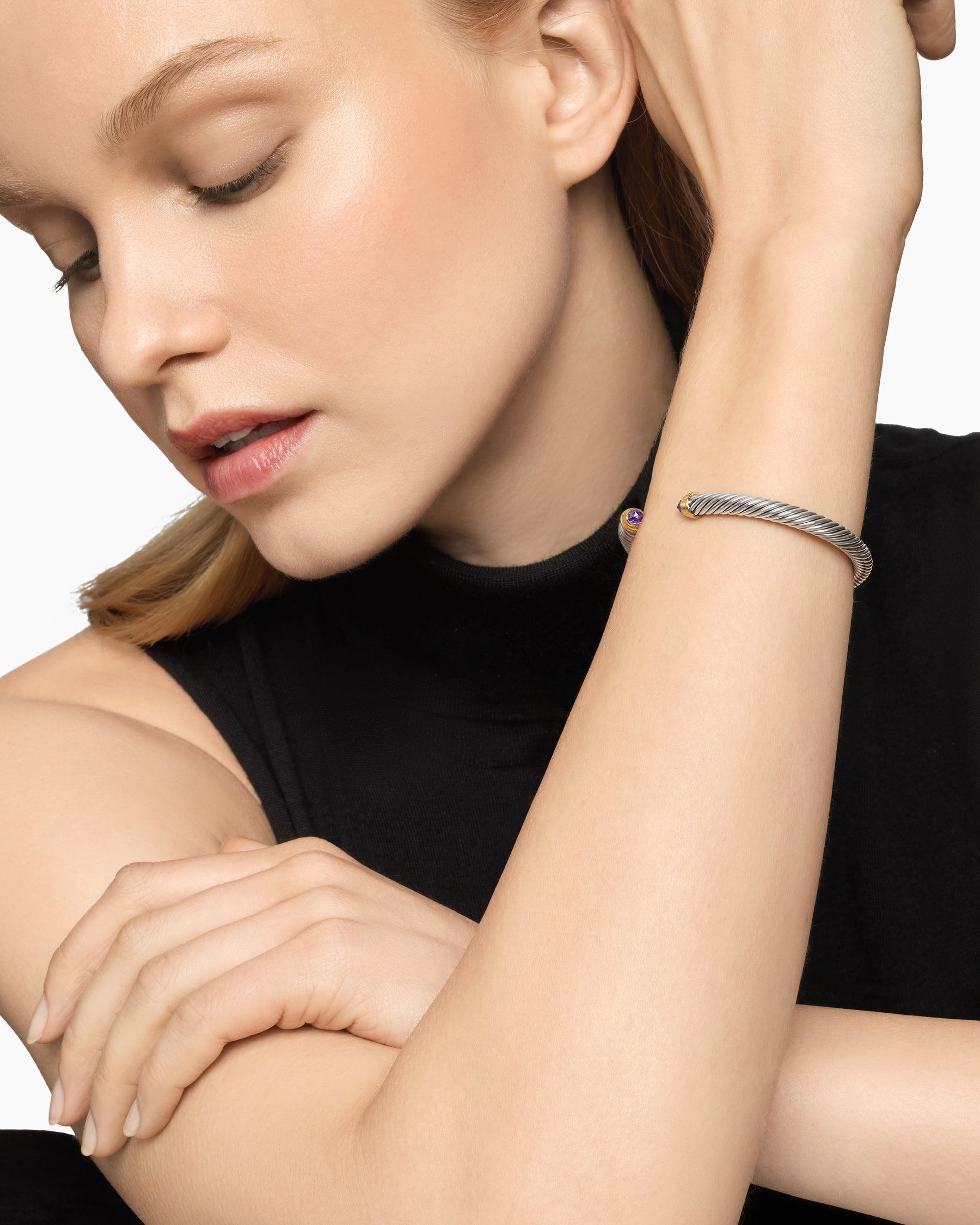 Classic Cable Bracelet in Sterling Silver with 14K Yellow Gold and Amethyst, 5mm - Image 7