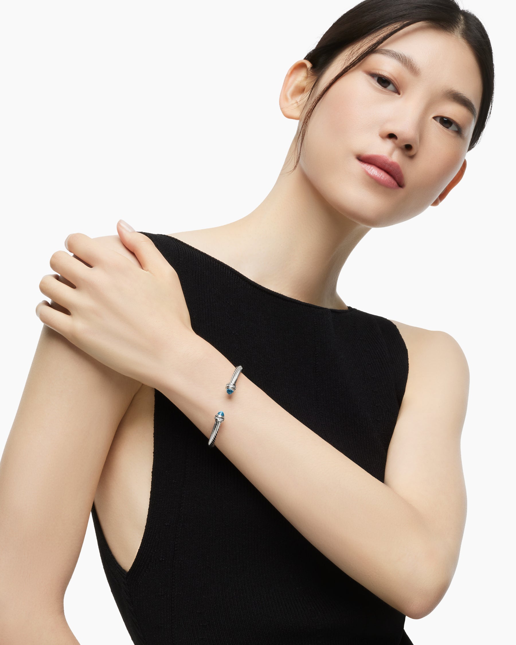 Alternative view of Classic Cable Bracelet in Sterling Silver with Blue Topaz and Diamonds, 5mm