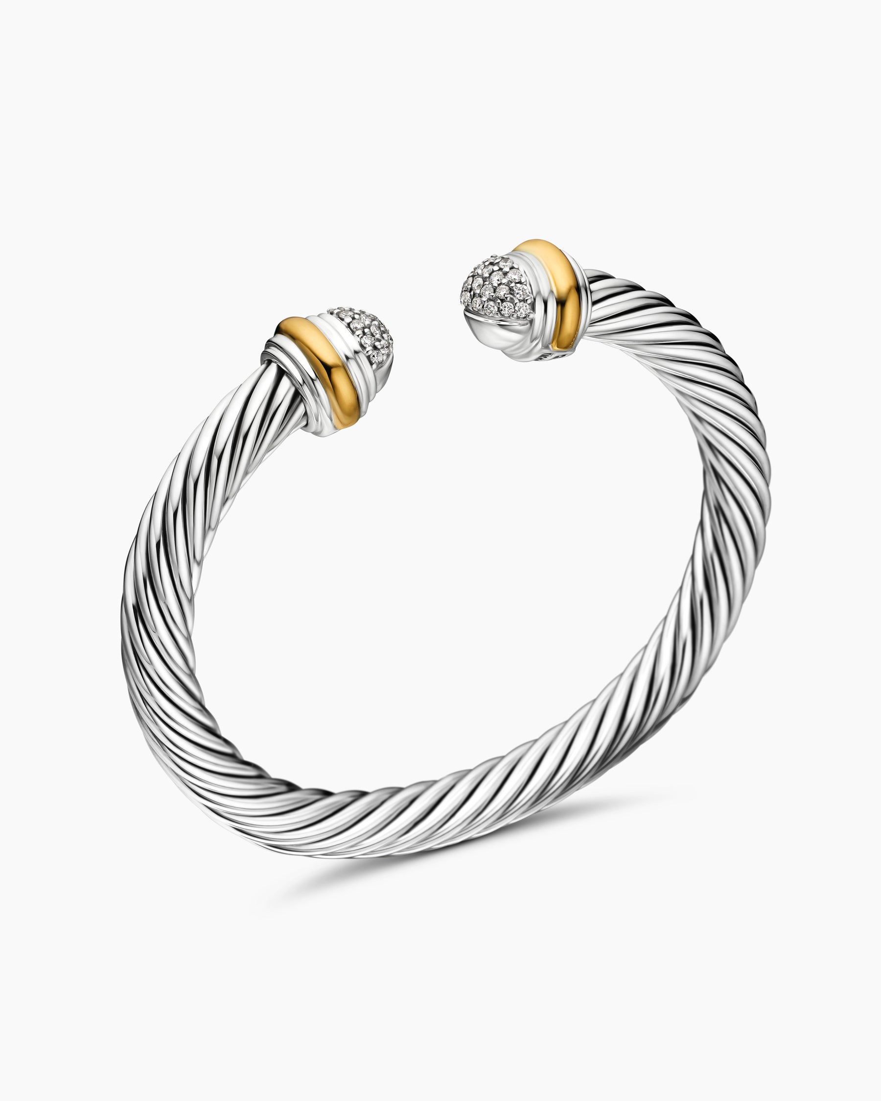 Classic Cable Bracelet in Sterling Silver with 18K Yellow Gold and Pavé Diamond Domes, 7mm - Image 3