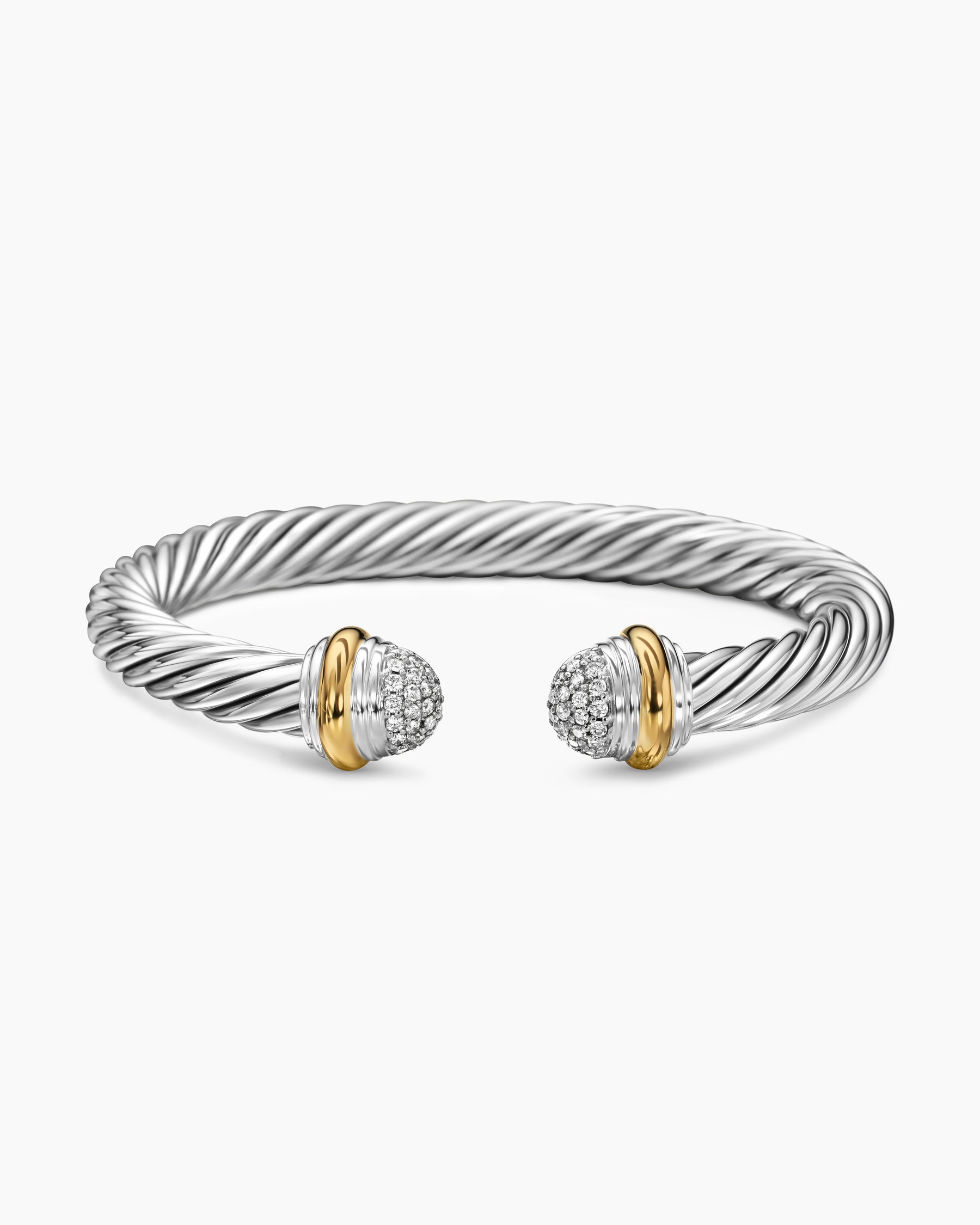 Classic Cable Bracelet in Sterling Silver with 18K Yellow Gold and Pavé Diamond Domes, 7mm - Image 4