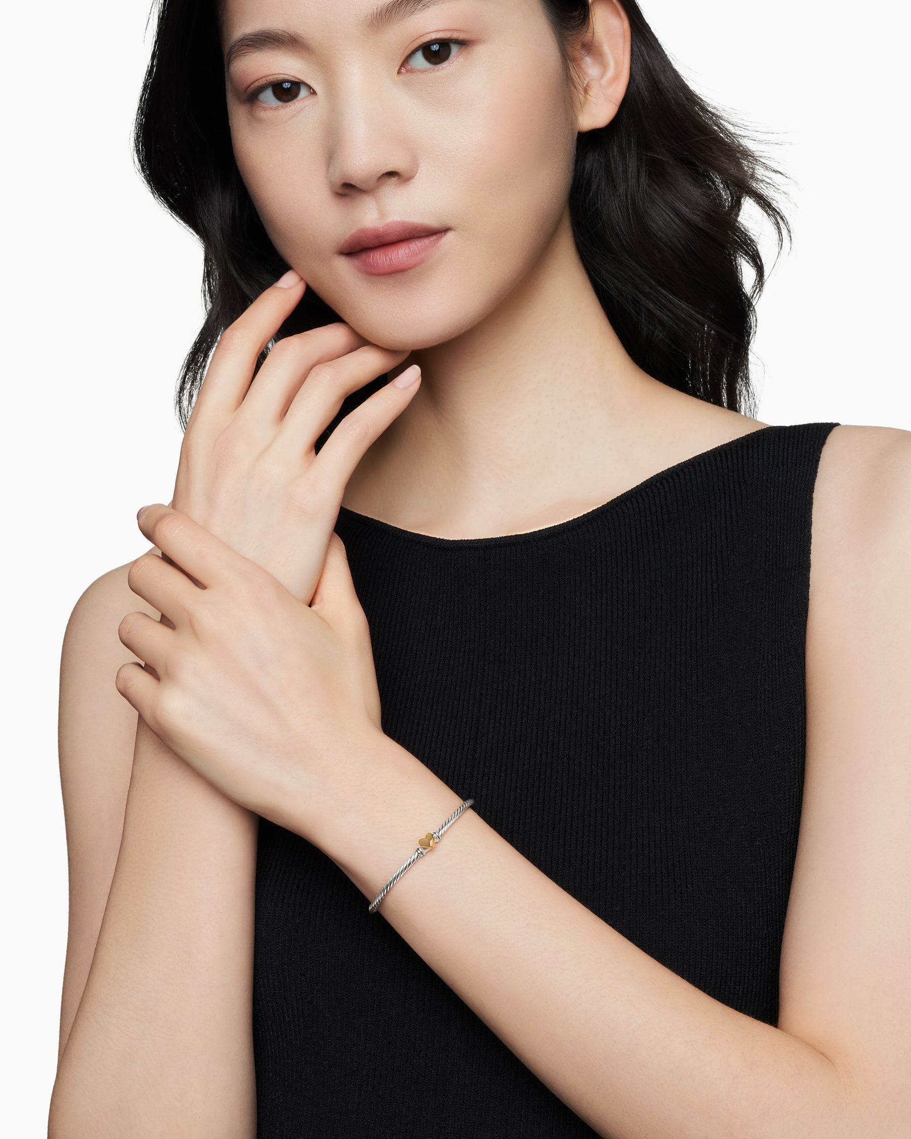 Alternative view of Classic Cable Heart Station Bracelet in Sterling Silver with 18K Yellow Gold, 3mm