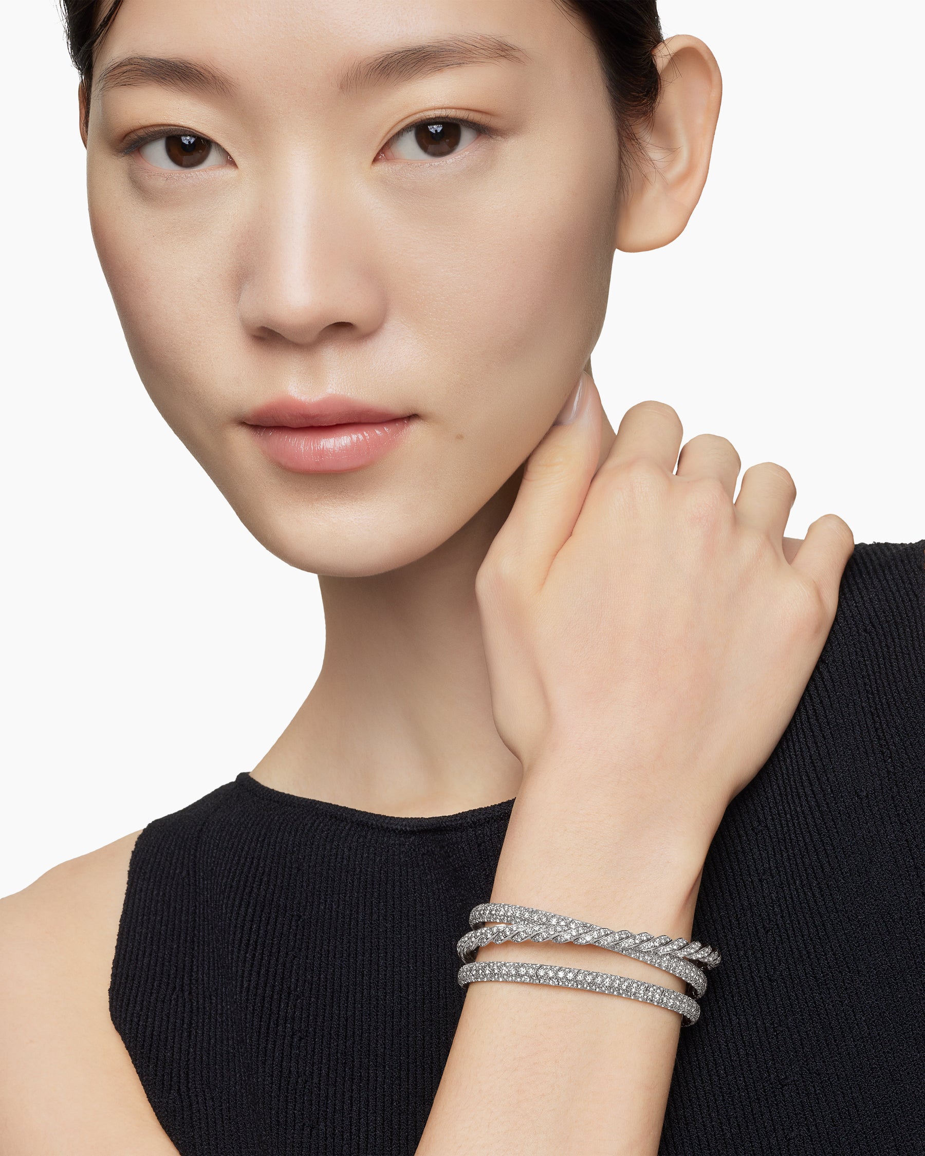 Sculpted Cable Flex Three Row Bracelet in 18K White Gold with Diamonds, 18.5mm - Image 6