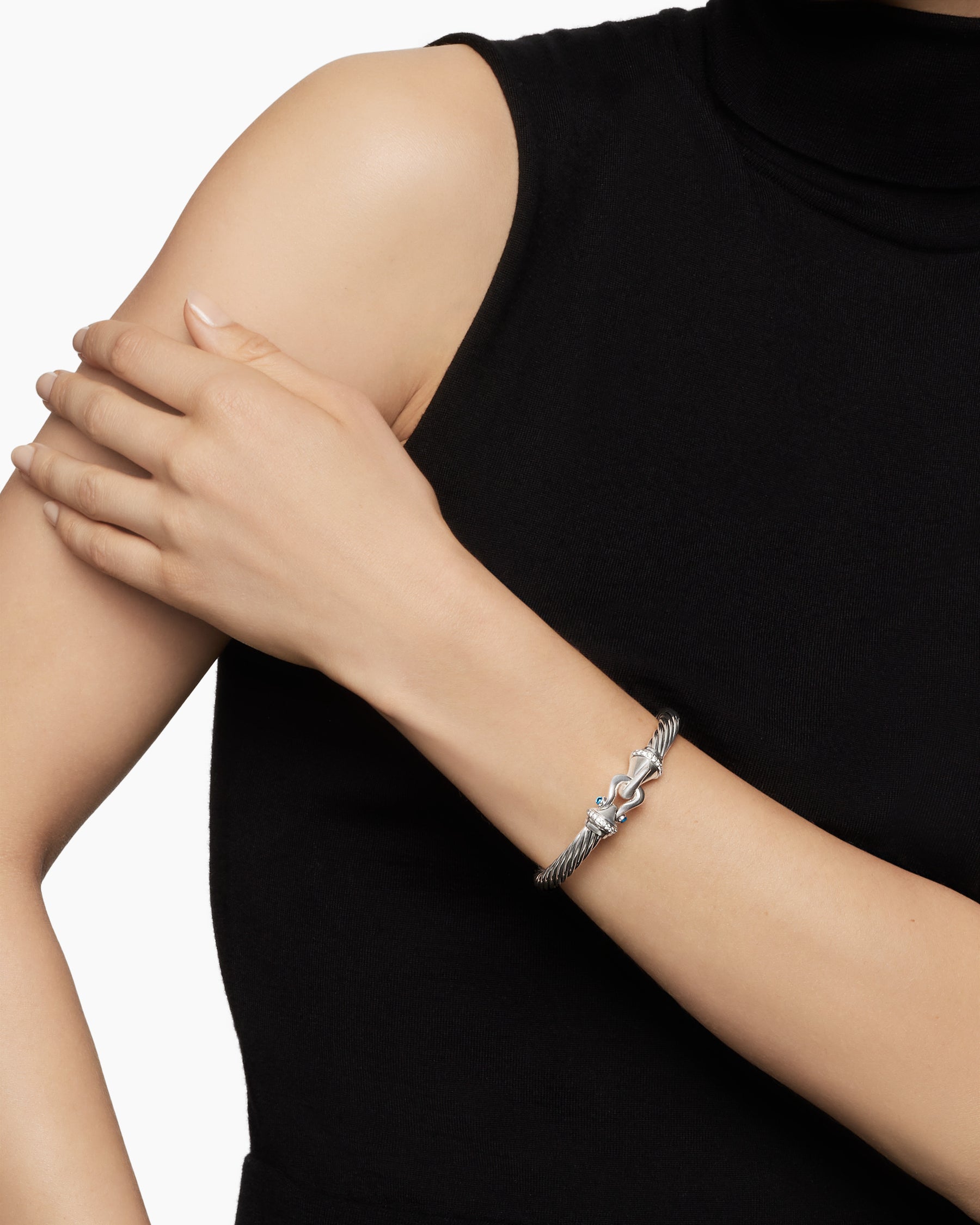 Buckle Classic Cable Bracelet in Sterling Silver with Hampton Blue Topaz and Diamonds, 7mm - Image 2