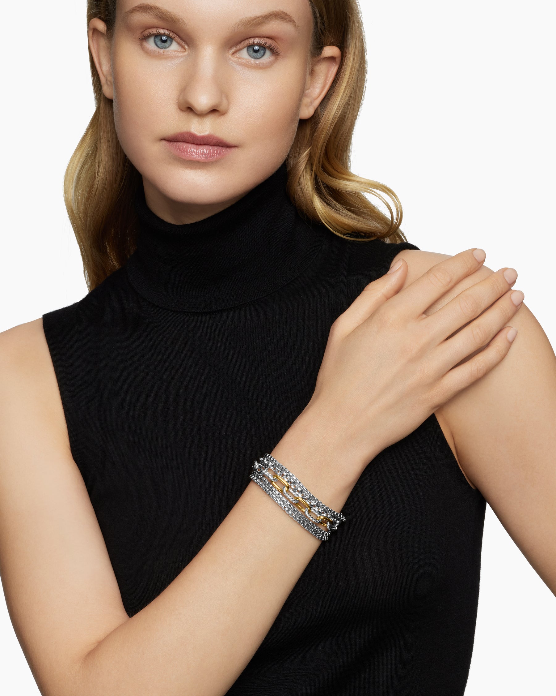 Alternative view of Multi Row Chain Bracelet in Sterling Silver with 18K Yellow Gold, 29mm