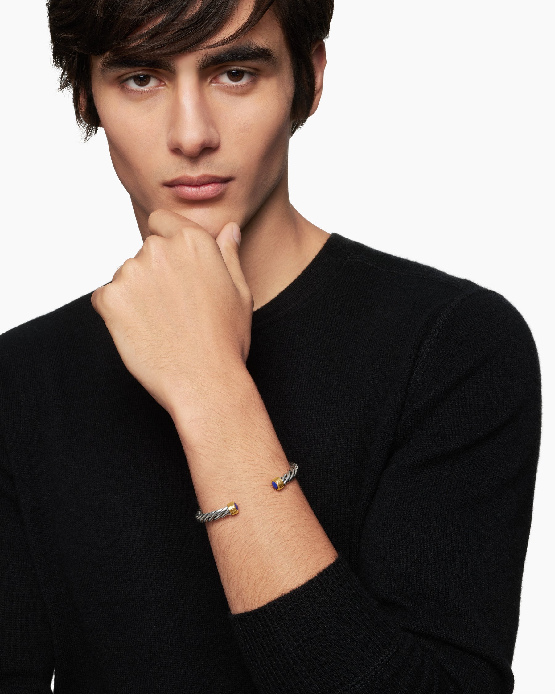 Cable Cuff Bracelet in Sterling Silver with 18K Yellow Gold and Lapis, 6mm - Image 2