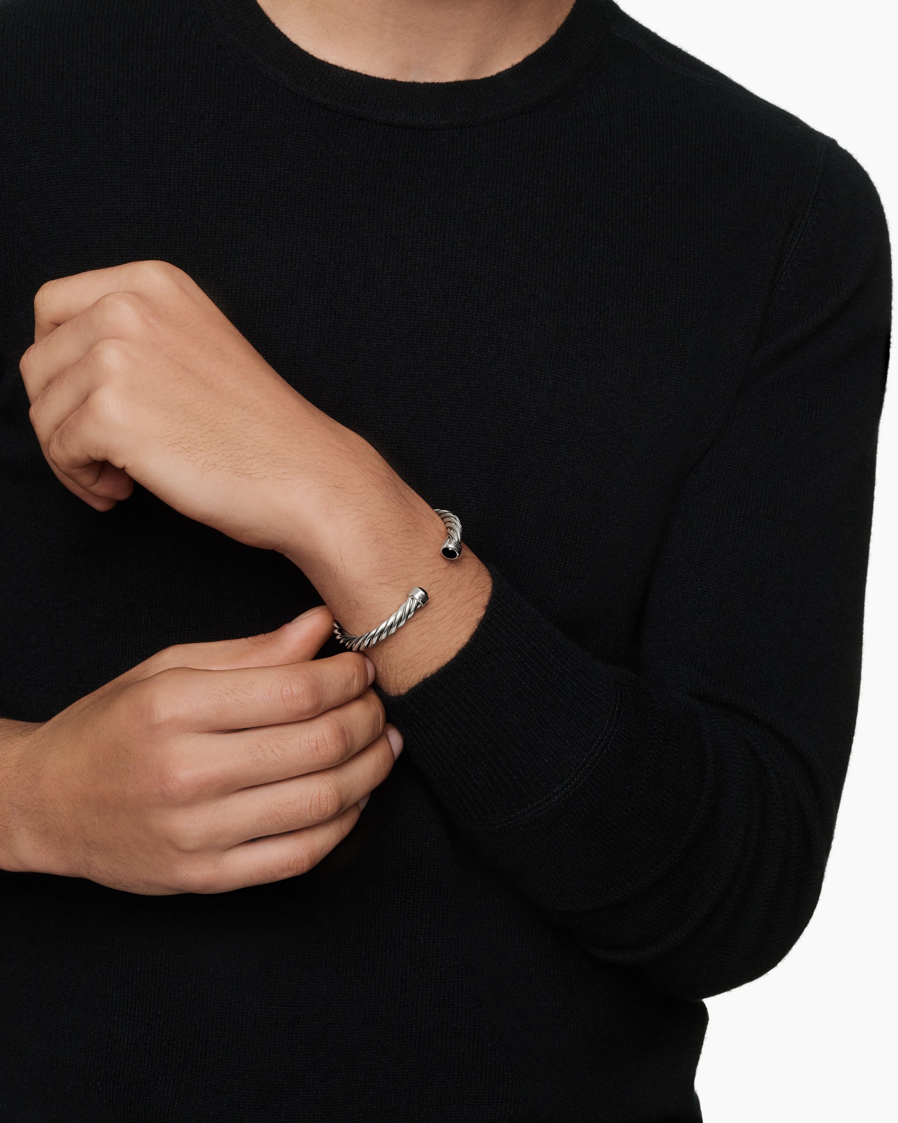 Cable Cuff Bracelet in Sterling Silver with Black Onyx, 6mm - Image 2
