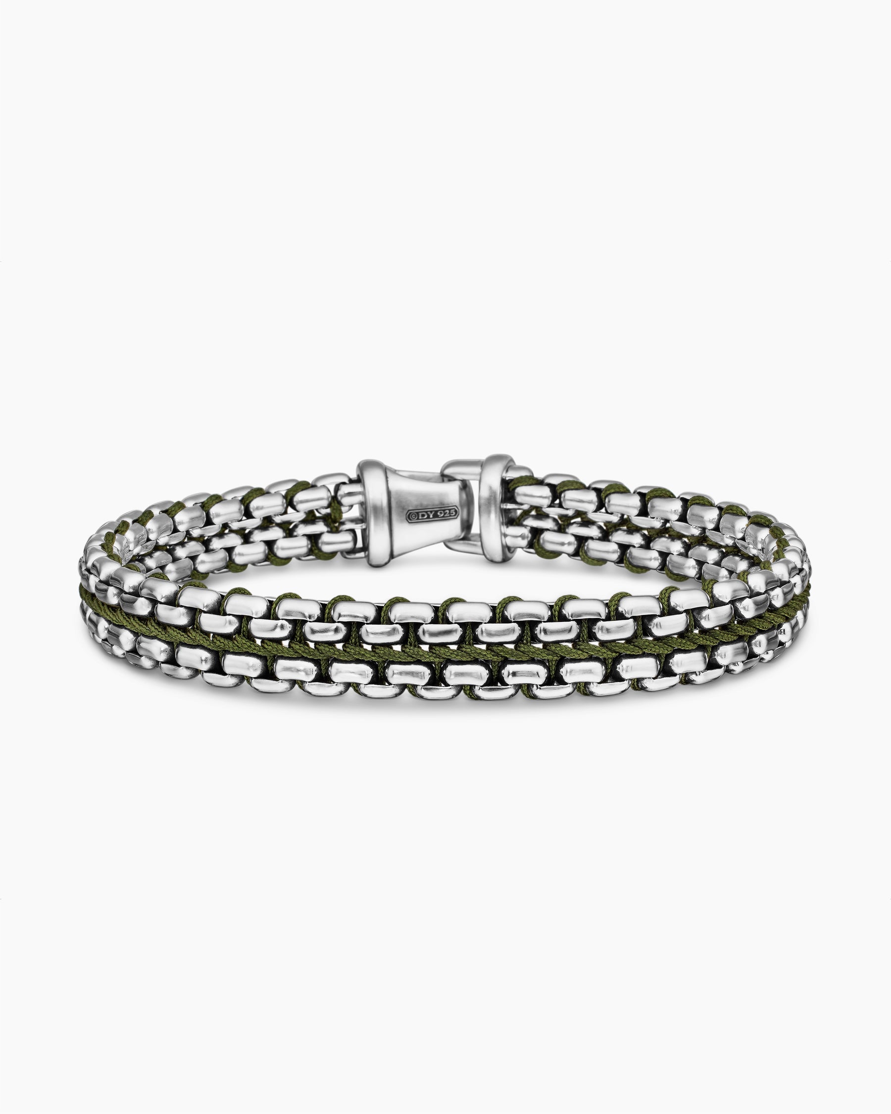 Woven Box Chain Bracelet in Sterling Silver with Green Nylon, 12mm - Image 4