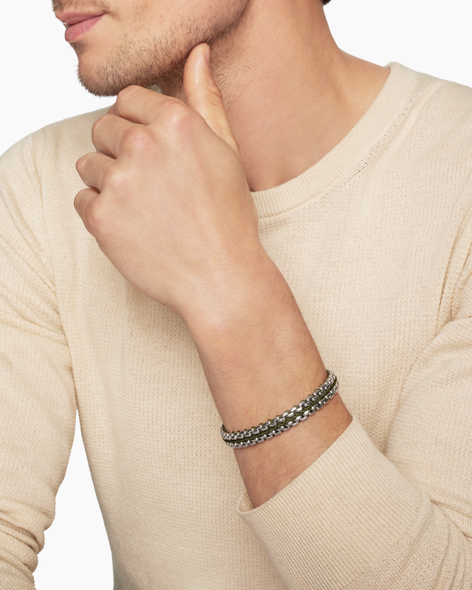Woven Box Chain Bracelet in Sterling Silver with Green Nylon, 12mm - Image 8