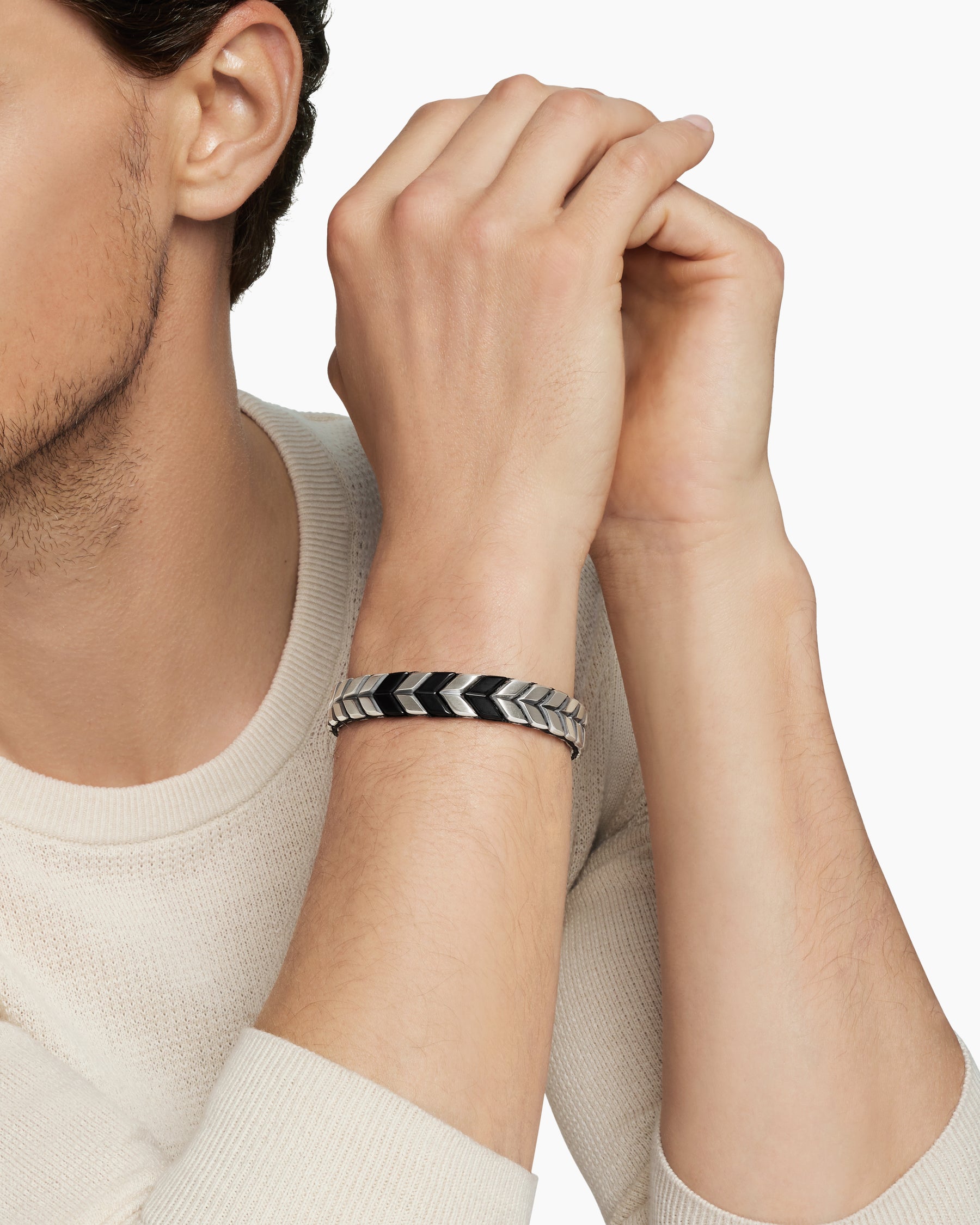Chevron Woven Bracelet in Black Titanium with Sterling Silver and Black Nylon, 12mm - Image 8
