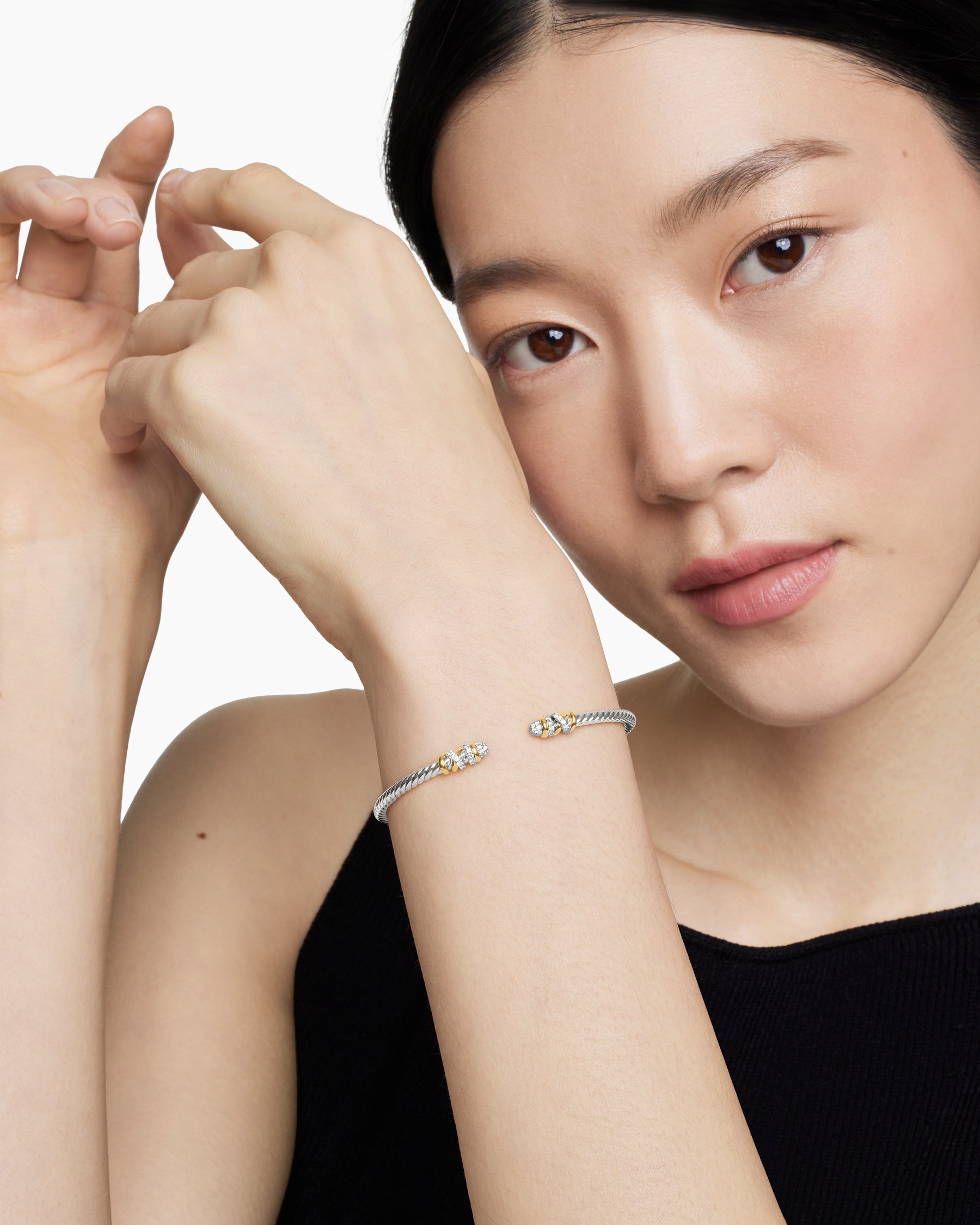 Petite Helena Classic Cable Bracelet in Sterling Silver with 18K Yellow Gold and Diamonds, 3mm - Image 7