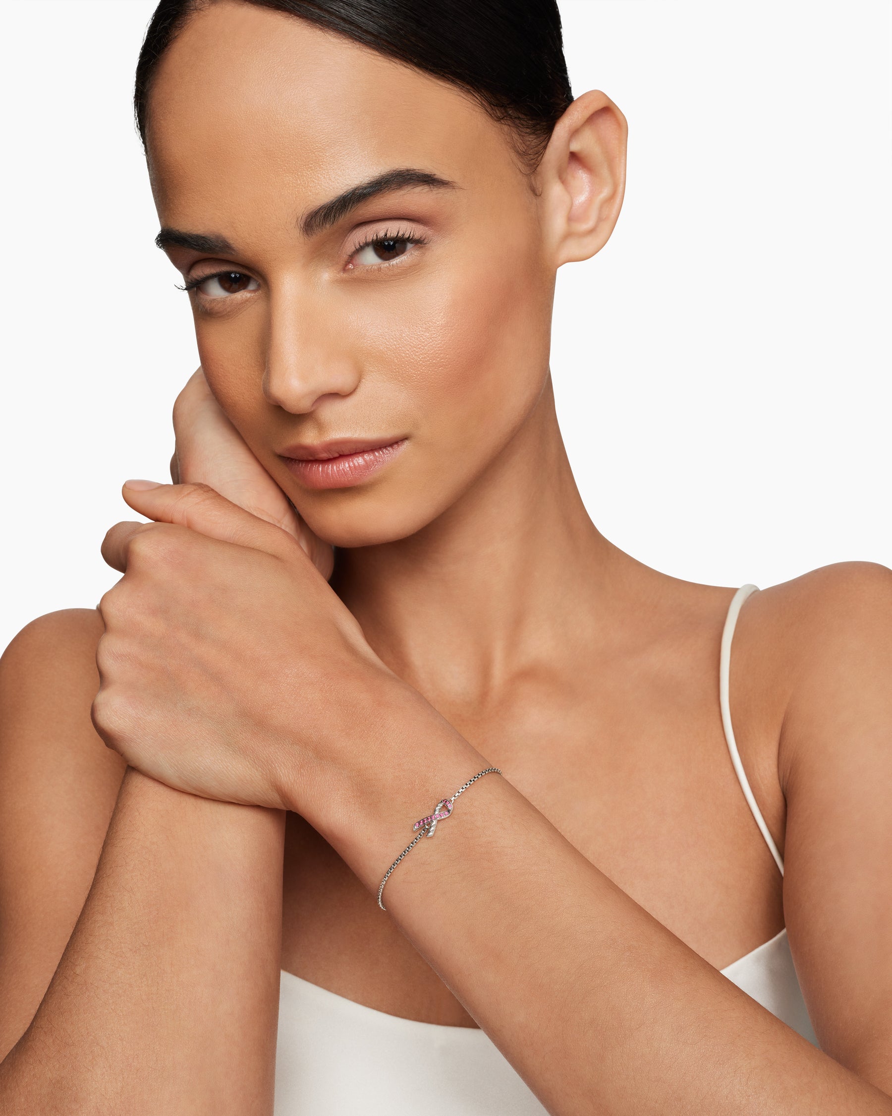 Alternative view of Cable Collectibles Ribbon Chain Bracelet in Sterling Silver with Pavé Pink Sapphires, 1.5mm