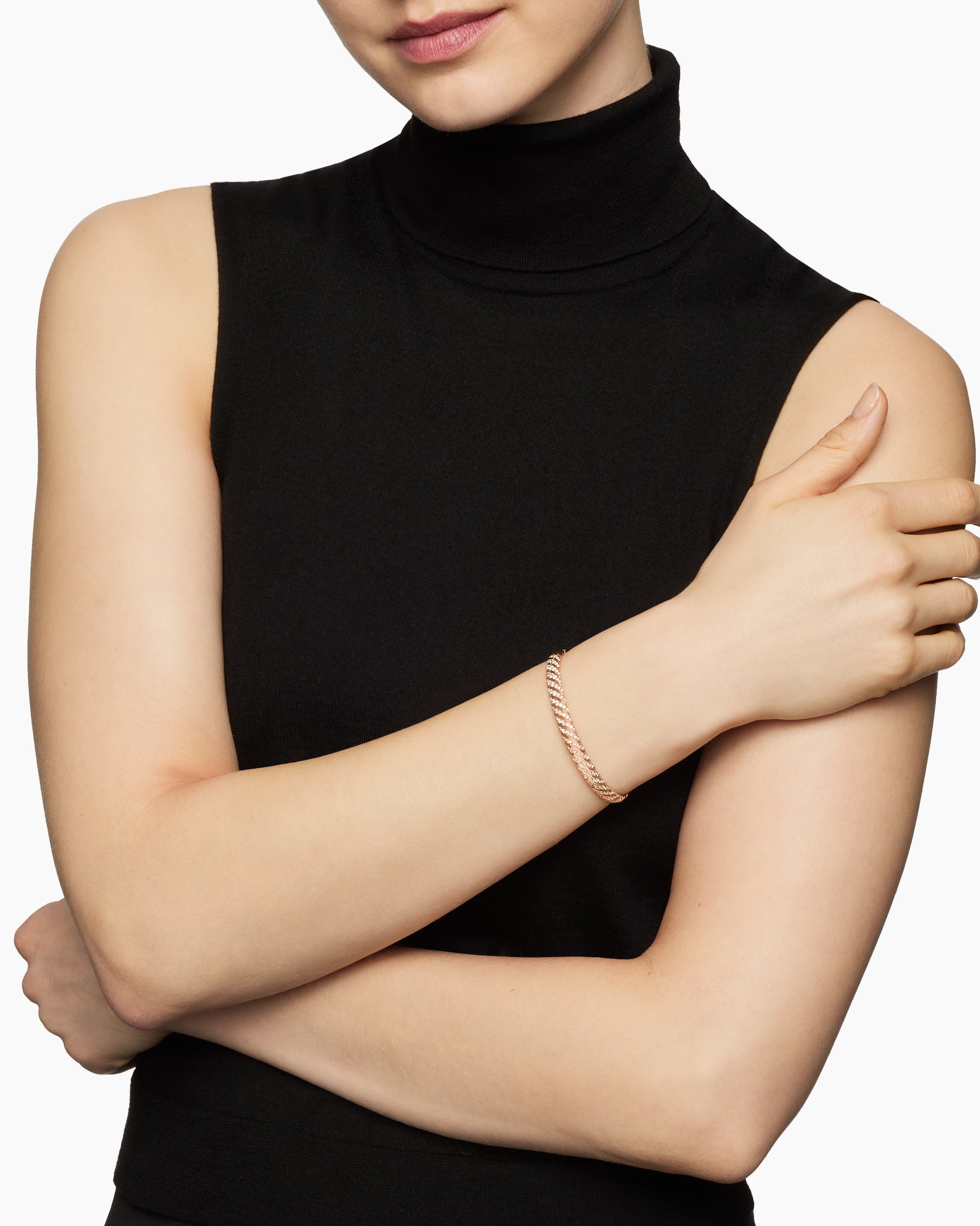 Alternative view of Sculpted Cable Bangle Bracelet in 18K Rose Gold with Diamonds, 6.2mm