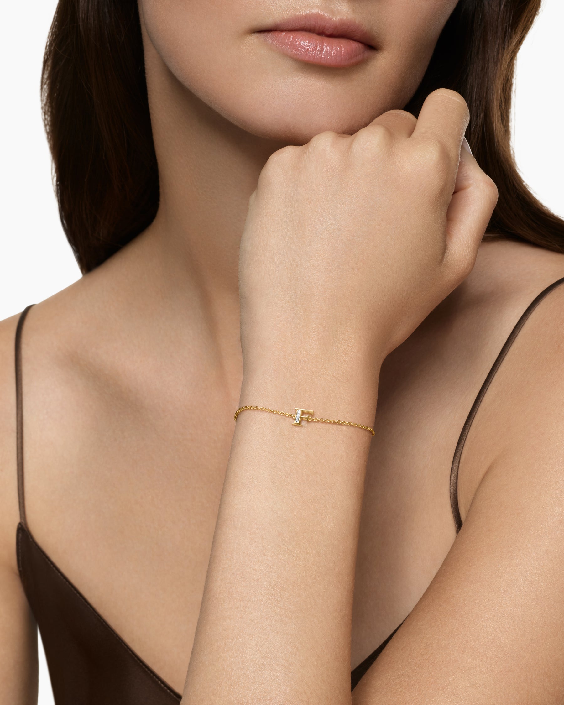 Petite Pavé Initial Chain Bracelet in 18K Yellow Gold with Diamond F - Image 2
