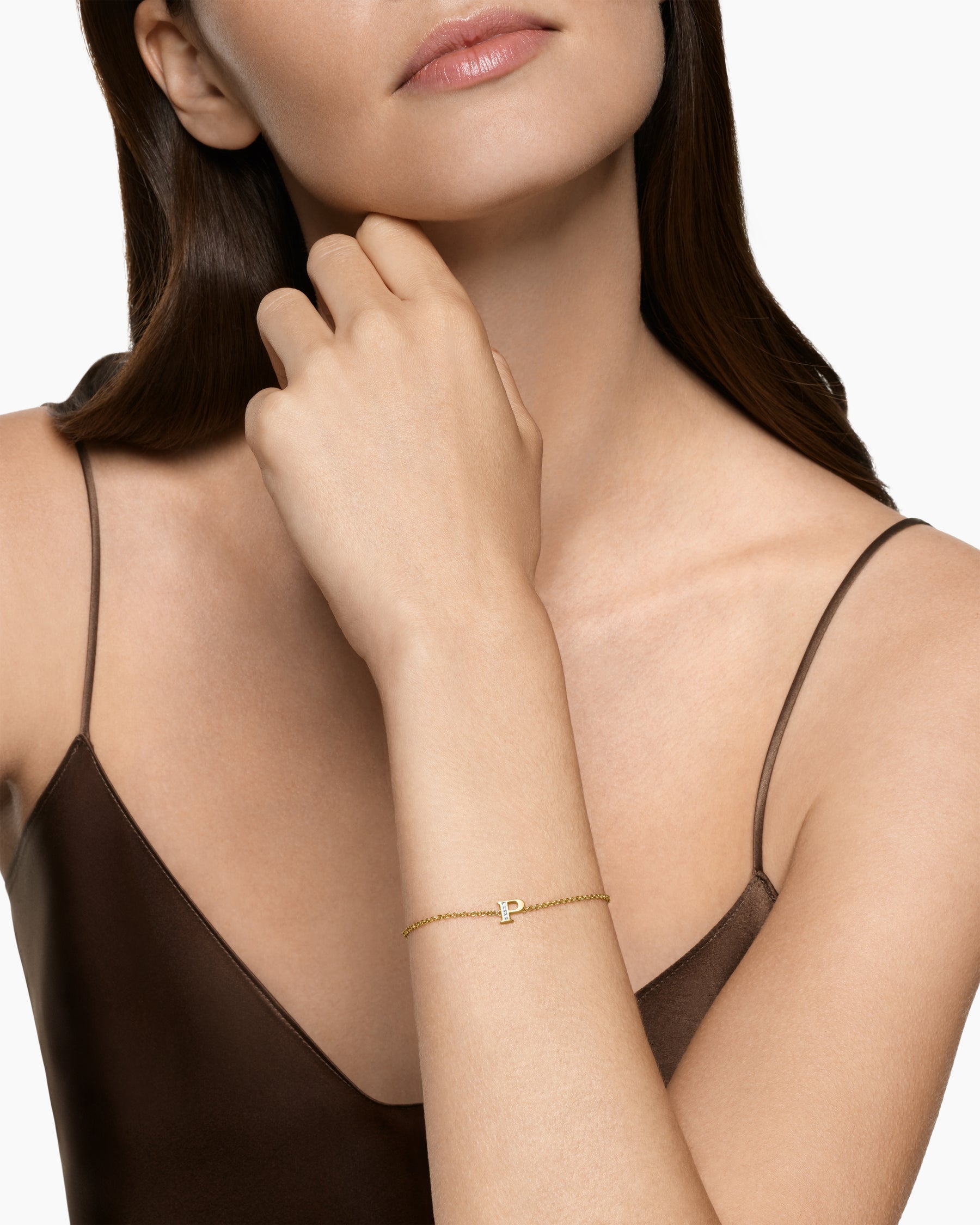 Alternative view of Petite Pavé Initial Chain Bracelet in 18K Yellow Gold with Diamond P