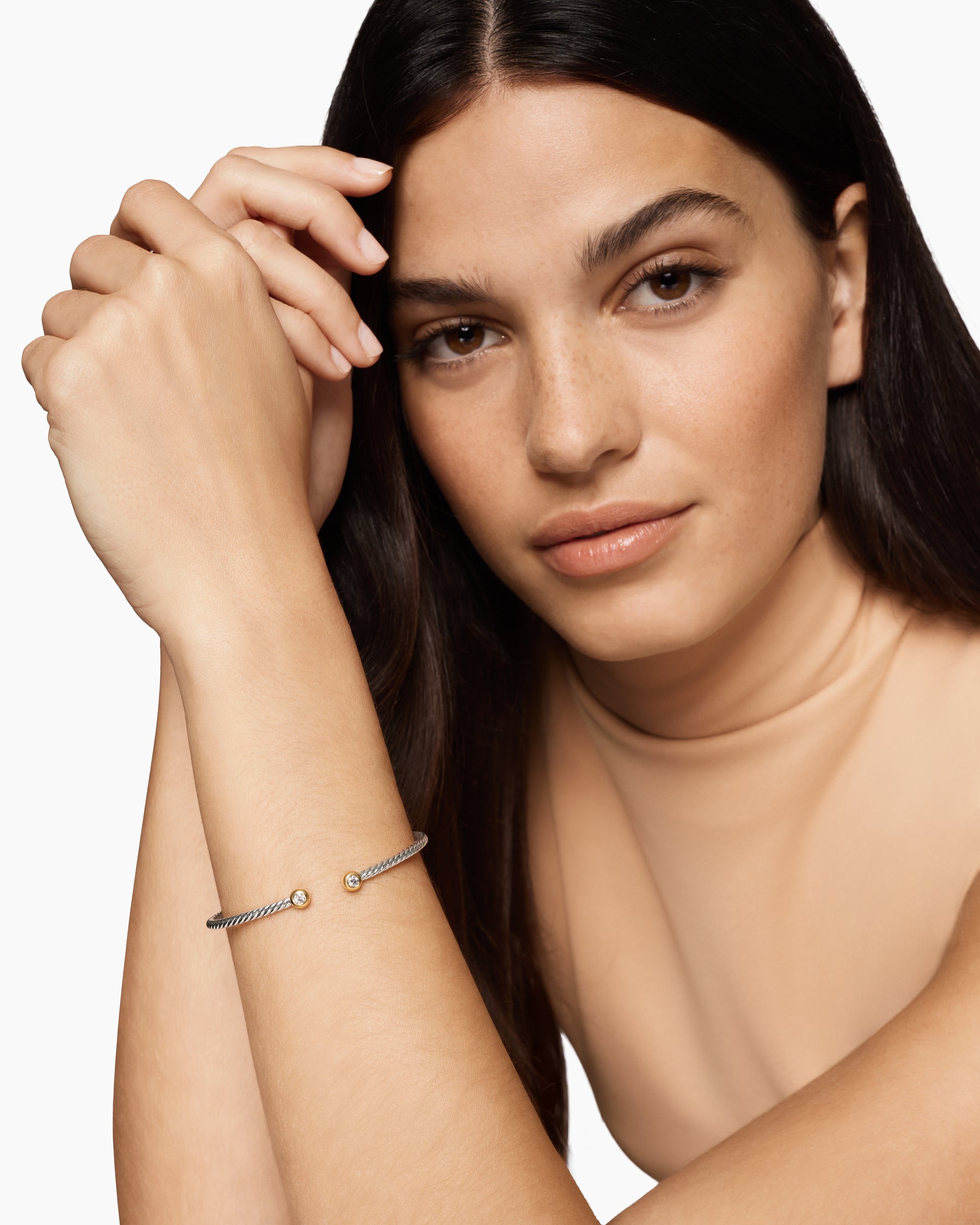 Micro Cable Flex Round Bracelet in Sterling Silver with 14K Yellow Gold and Diamonds, 2.6mm - Image 2