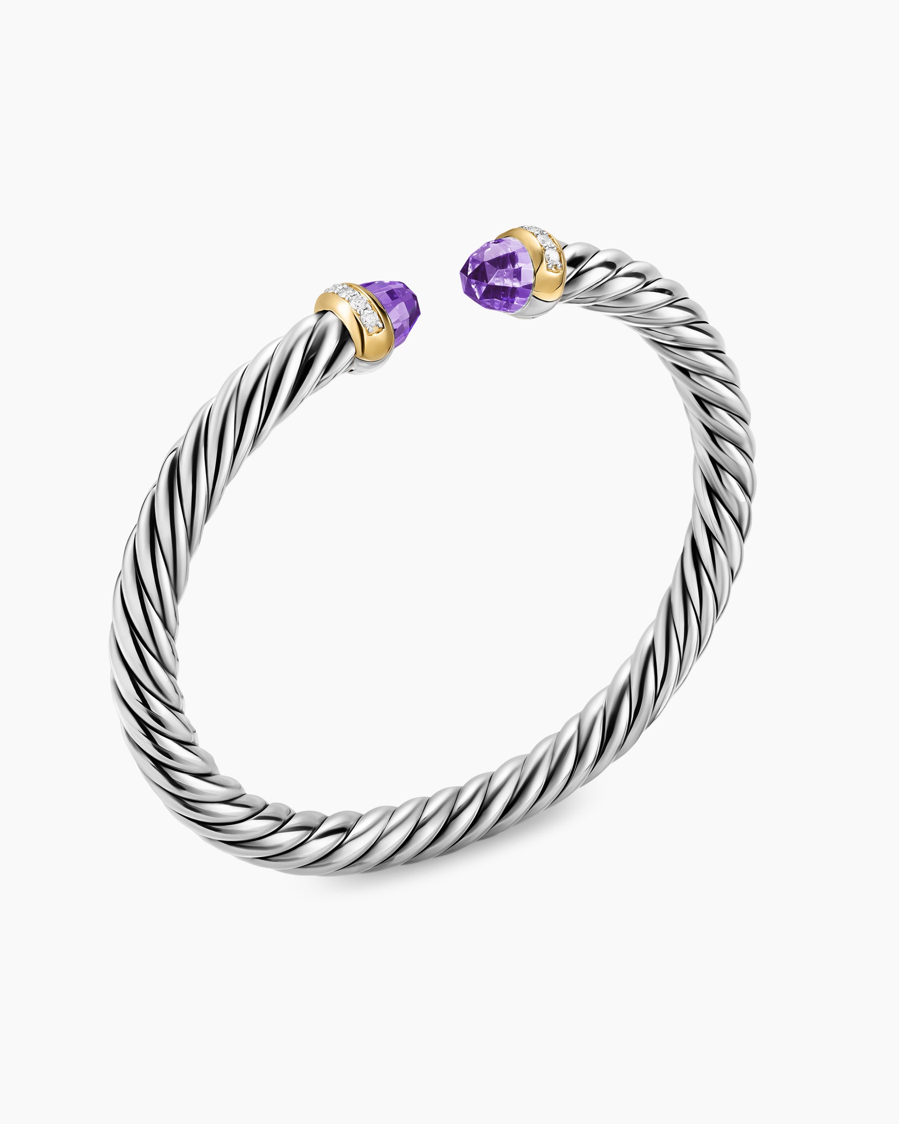 Cable Flex Bracelet in Sterling Silver with 14K Yellow Gold, Amethyst and Diamonds, 6mm - Image 2