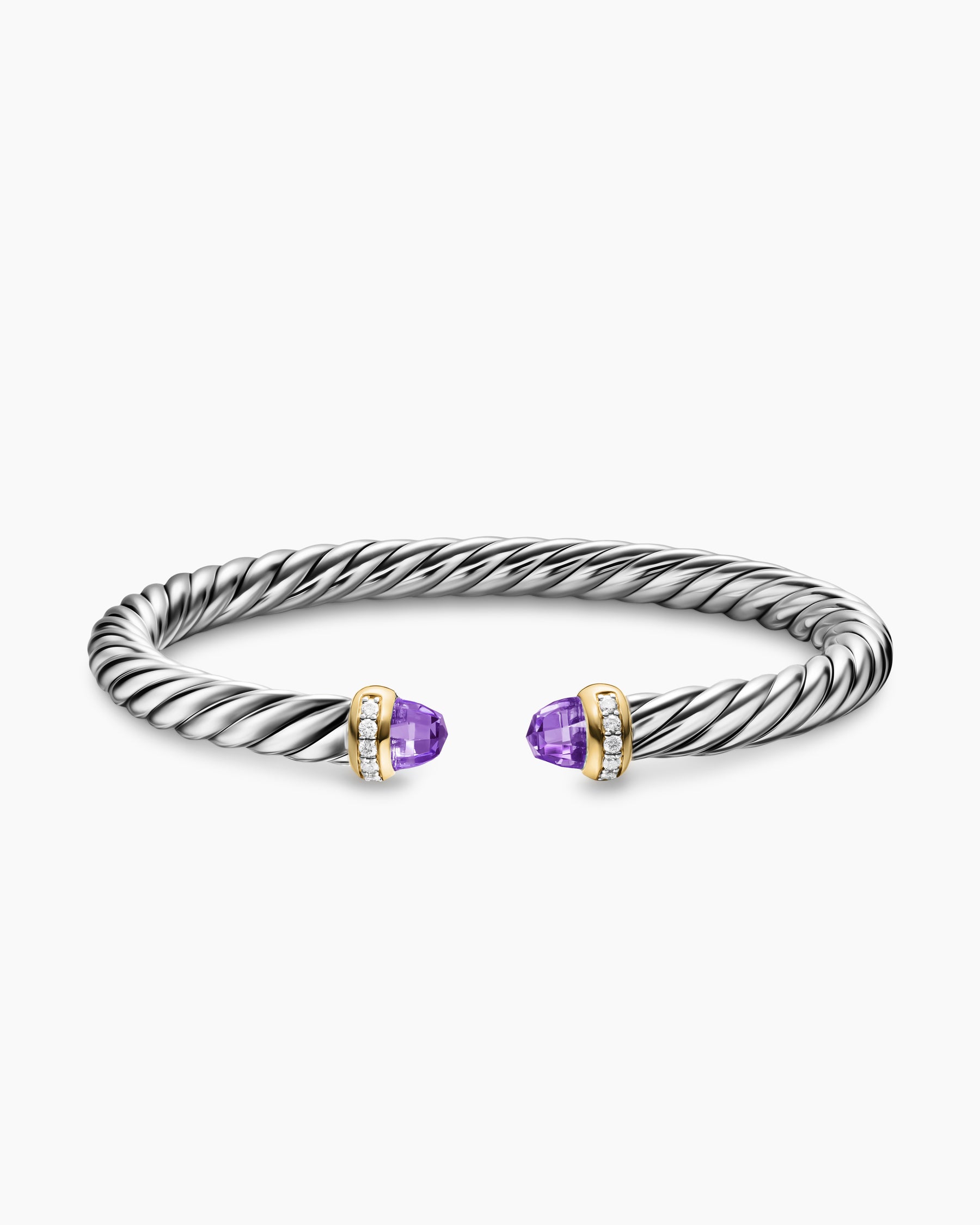 Cable Flex Bracelet in Sterling Silver with 14K Yellow Gold, Amethyst and Diamonds, 6mm - Image 3