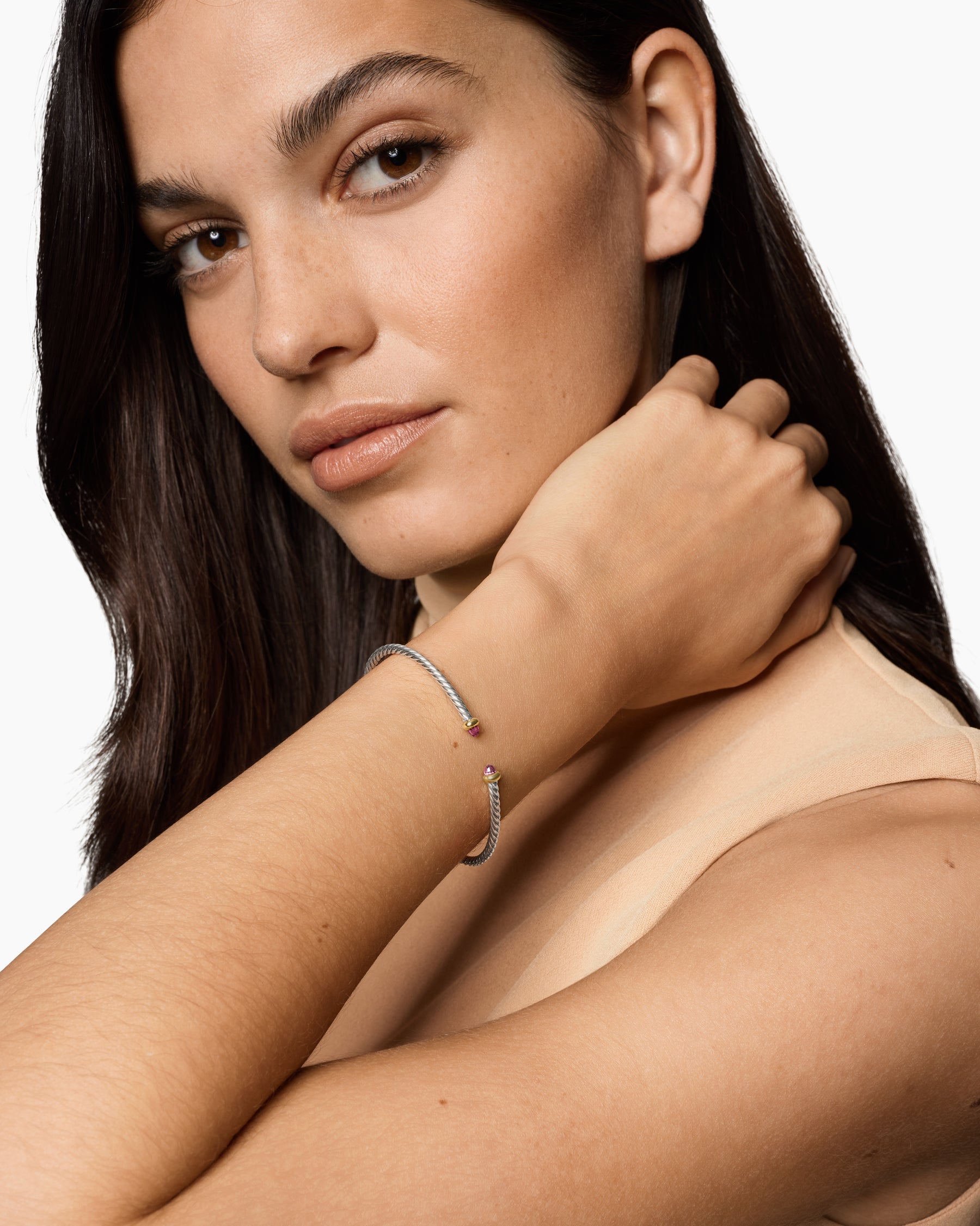 Micro Cable Flex Bracelet in Sterling Silver with 14K Yellow Gold and Pink Tourmalines, 2.6mm - Image 2