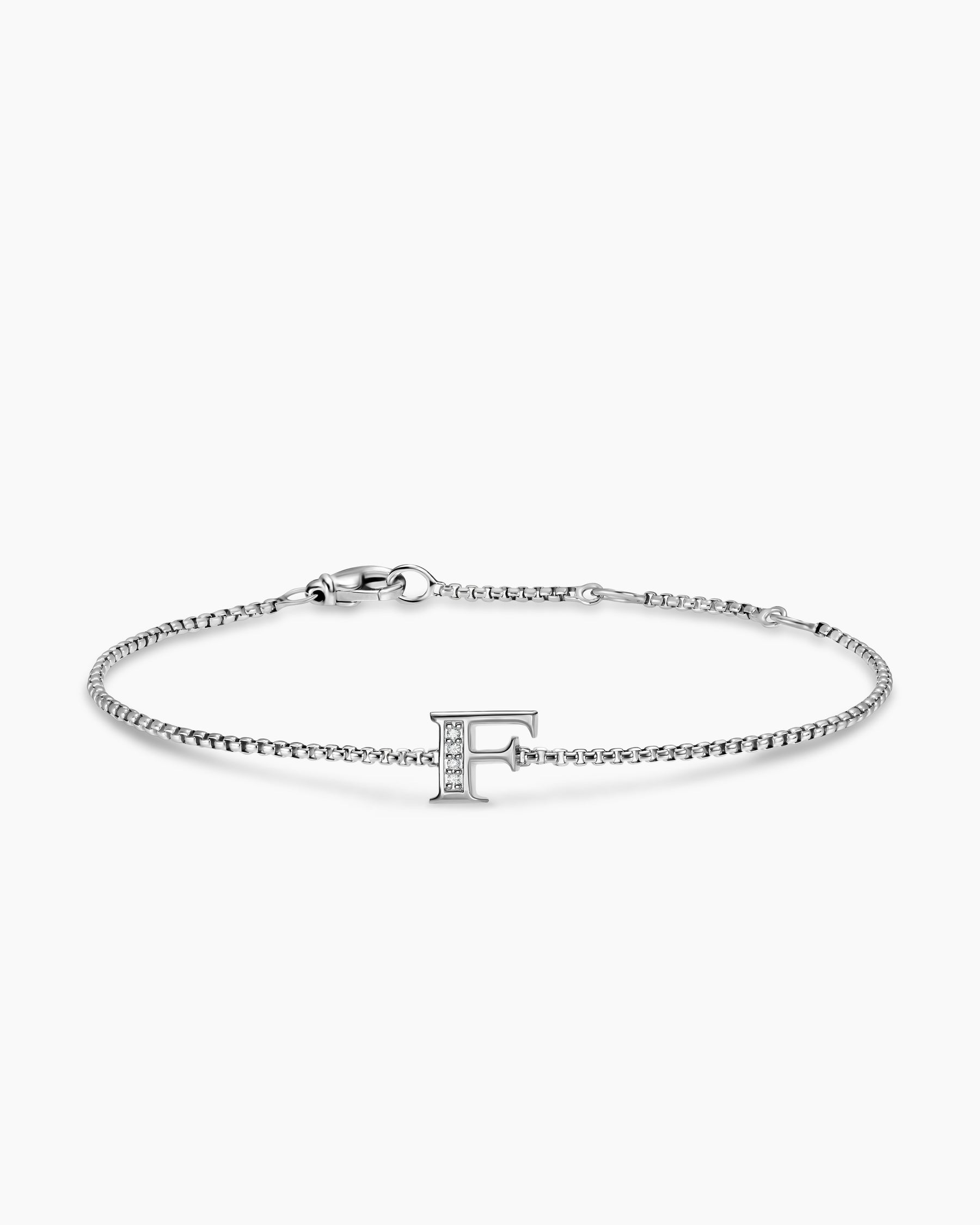 Petite Initial Chain Bracelet in Sterling Silver with Diamond F