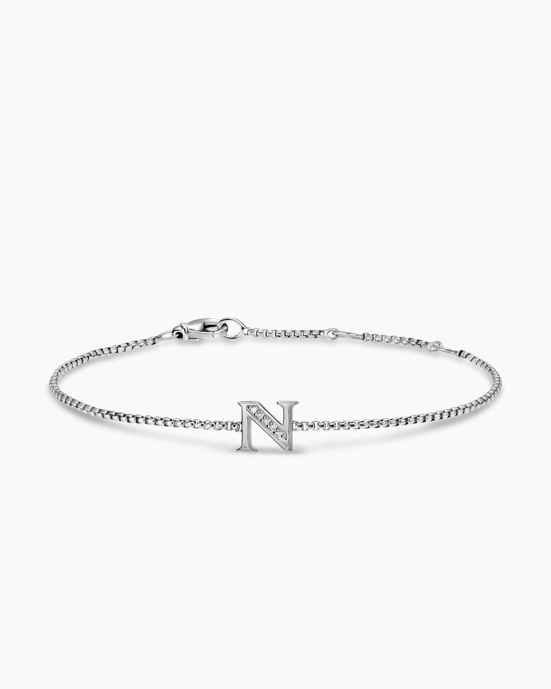 Petite Initial Chain Bracelet in Sterling Silver with Diamond N