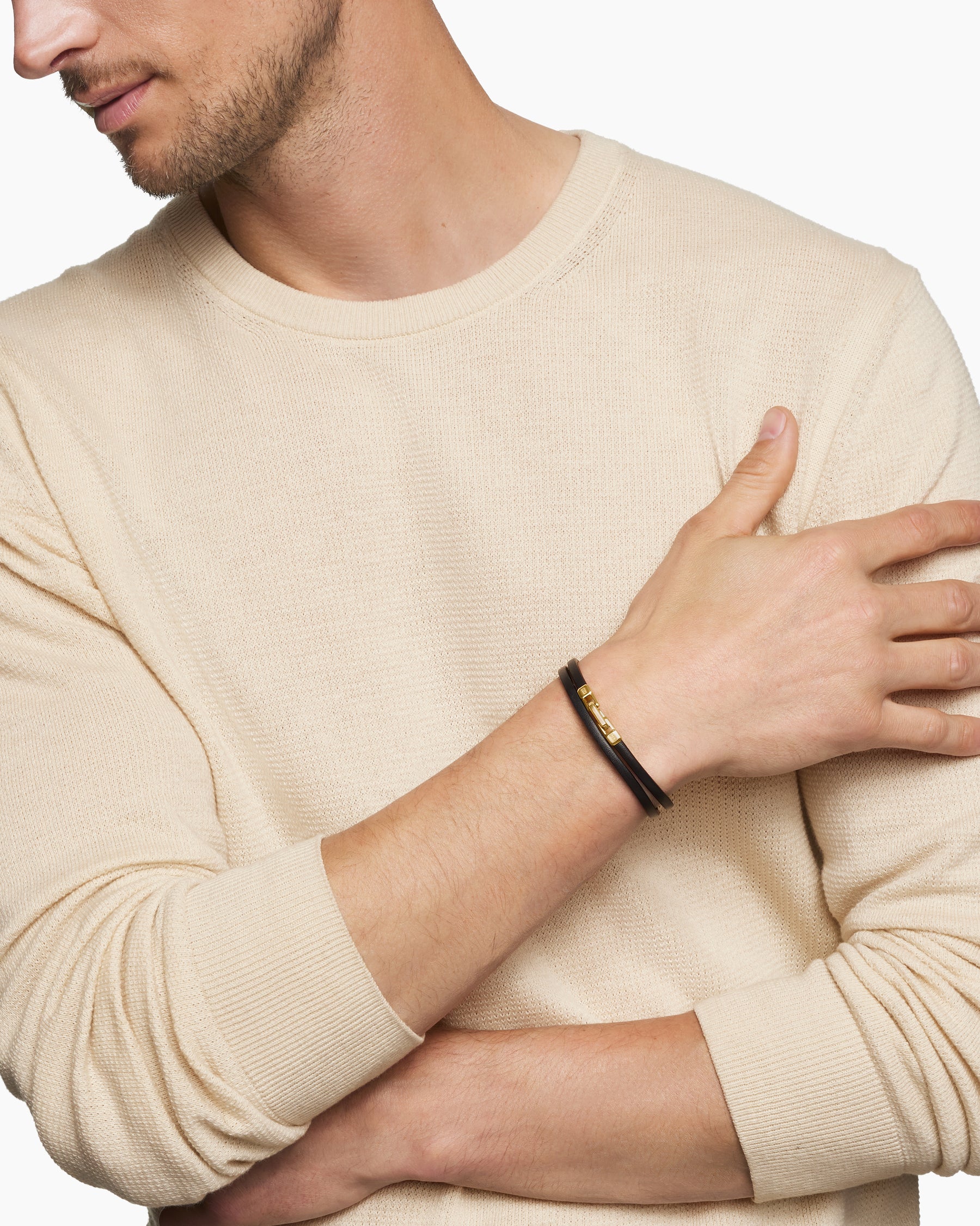 Alternative view of Streamline Double Wrap Bracelet in Black Leather with 18K Yellow Gold, 5.2mm