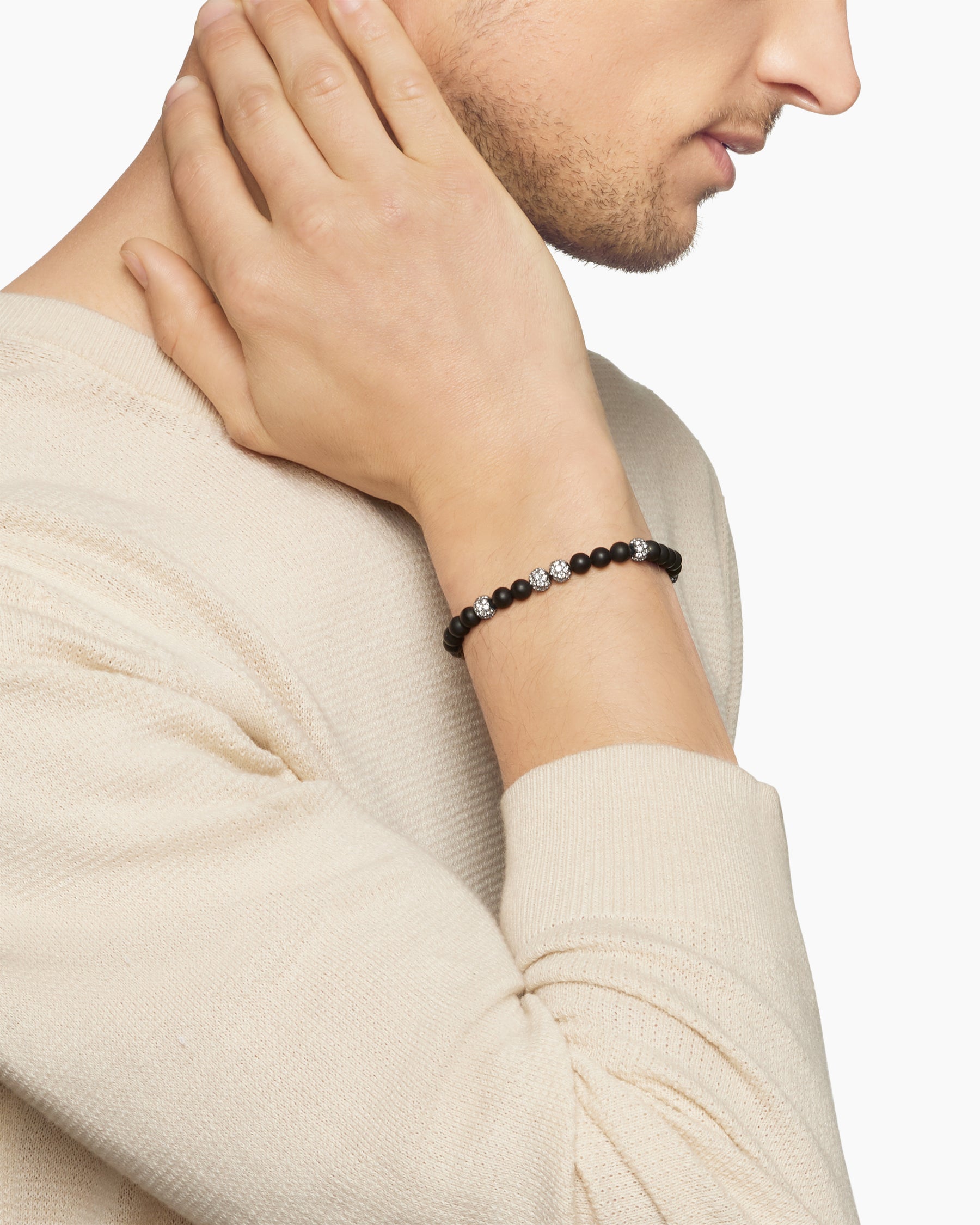 Alternative view of Spiritual Beads Bracelet in Sterling Silver with Black Onyx and Pavé Diamonds, 6mm