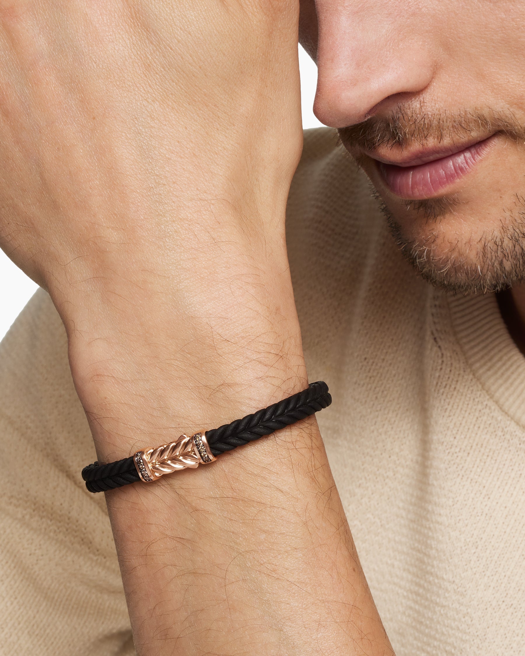Chevron Bracelet in Black Rubber with 18K Rose Gold and Cognac Diamonds, 6mm - Image 7