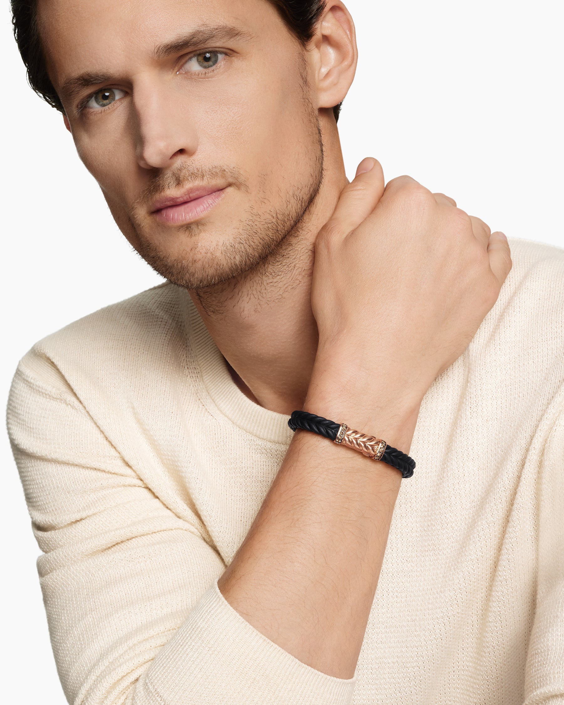 Chevron Bracelet in Black Rubber with 18K Rose Gold and Cognac Diamonds, 9mm - Image 7