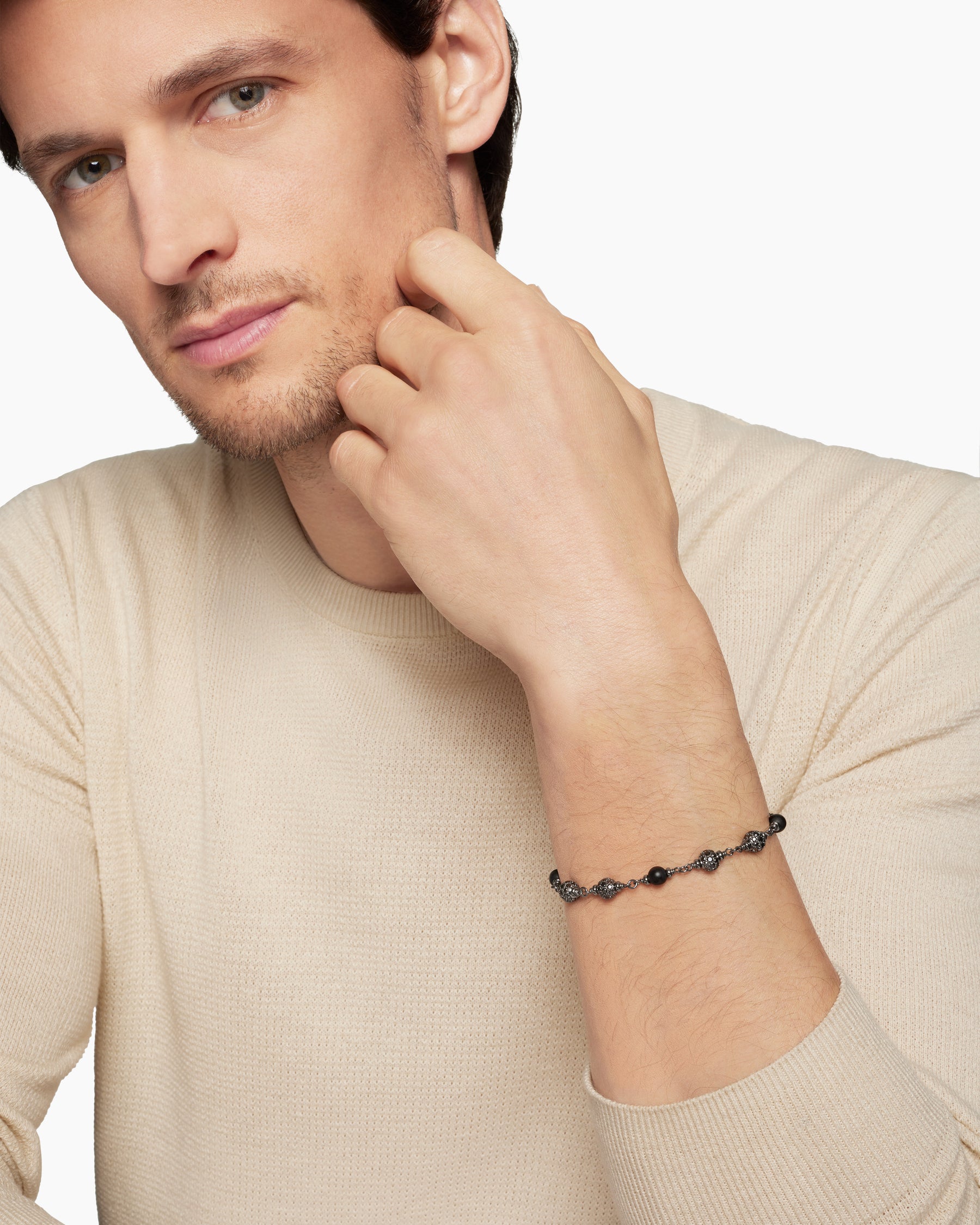 Spiritual Beads Bracelet in Sterling Silver with Black Onyx and Black Diamonds, 6mm - Image 8