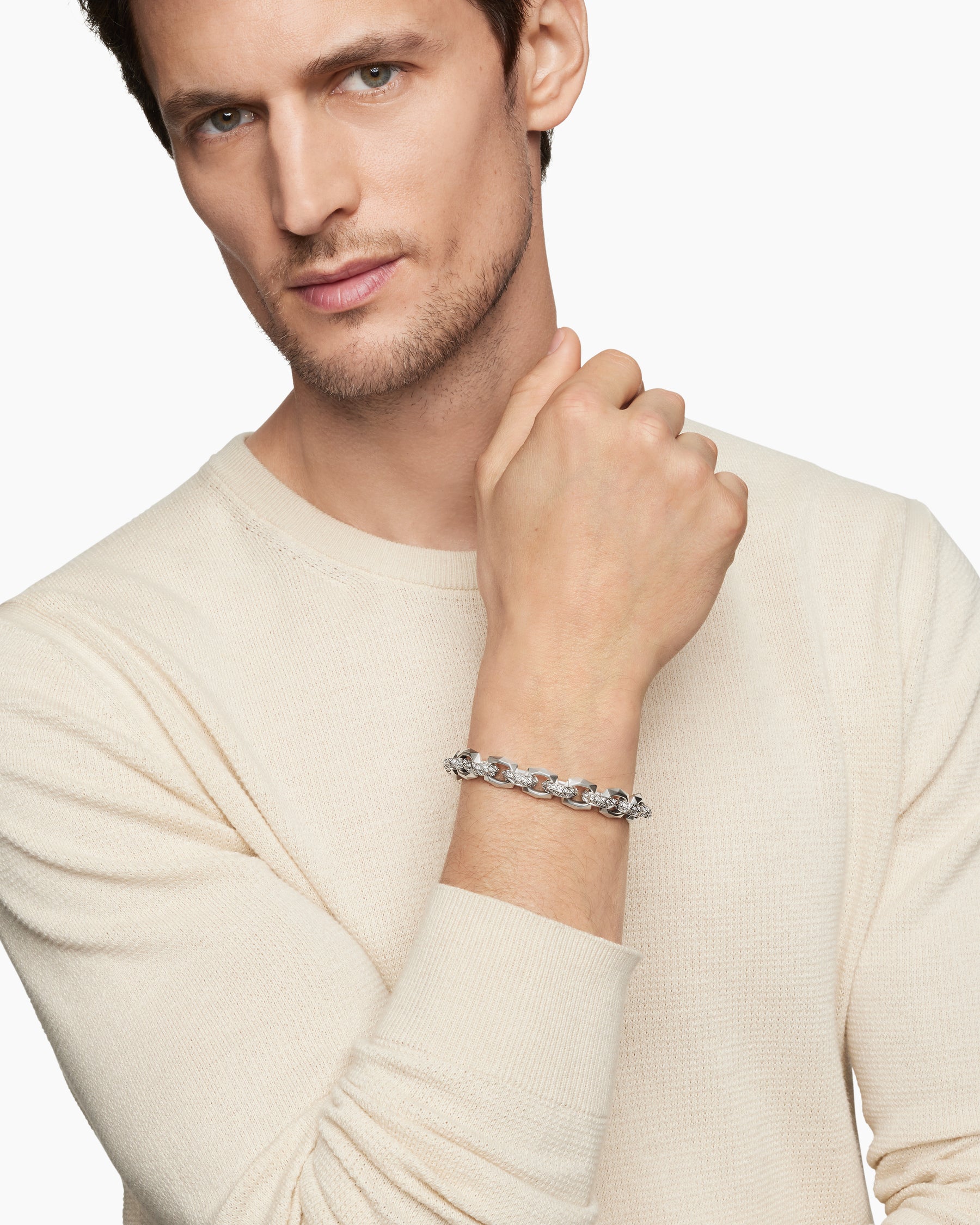 Torqued Faceted Link Bracelet in Sterling Silver with Diamonds, 11.6mm - Image 2