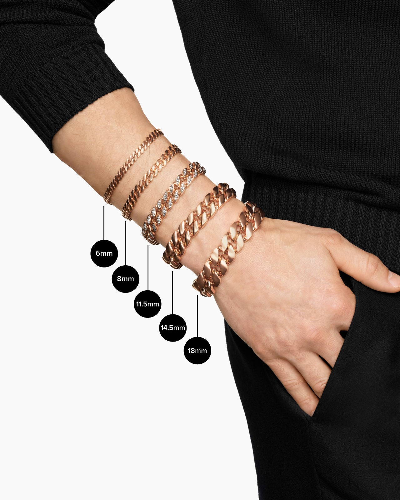 Curb Chain Bracelet in 18K Rose Gold with Cognac Diamonds, 6mm - Image 9