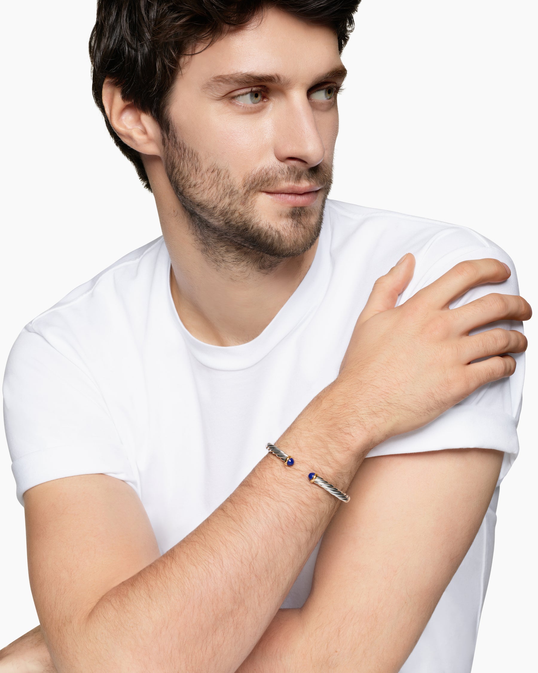 Cable Cuff Bracelet in Sterling Silver with 14K Yellow Gold and Lapis, 6mm - Image 2