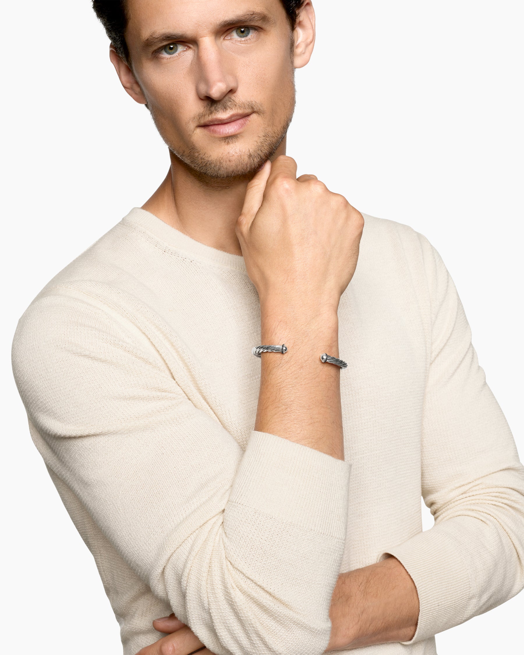 Cable Cuff Bracelet in Sterling Silver with Pavé Black Diamonds, 6mm - Image 2