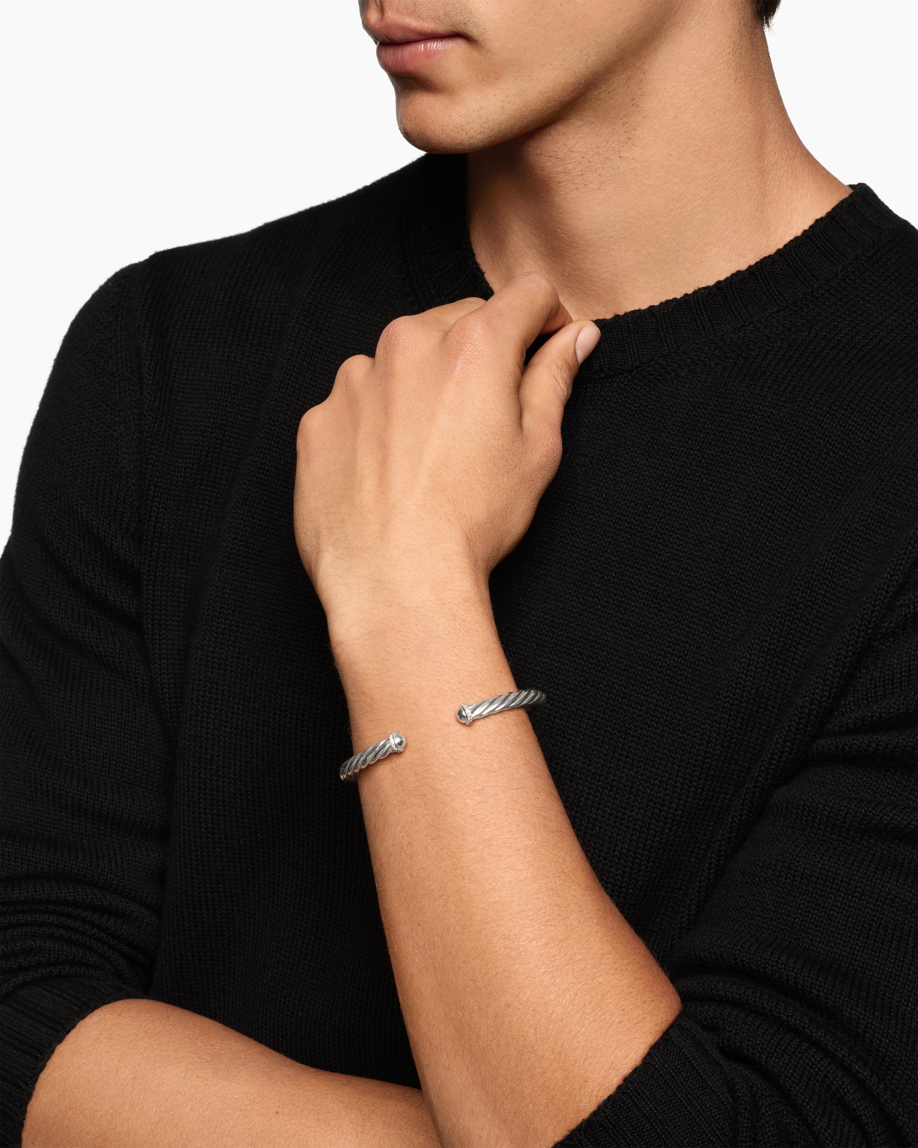 Cable Cuff Bracelet in Sterling Silver with Pavé Diamonds, 6mm - Image 2