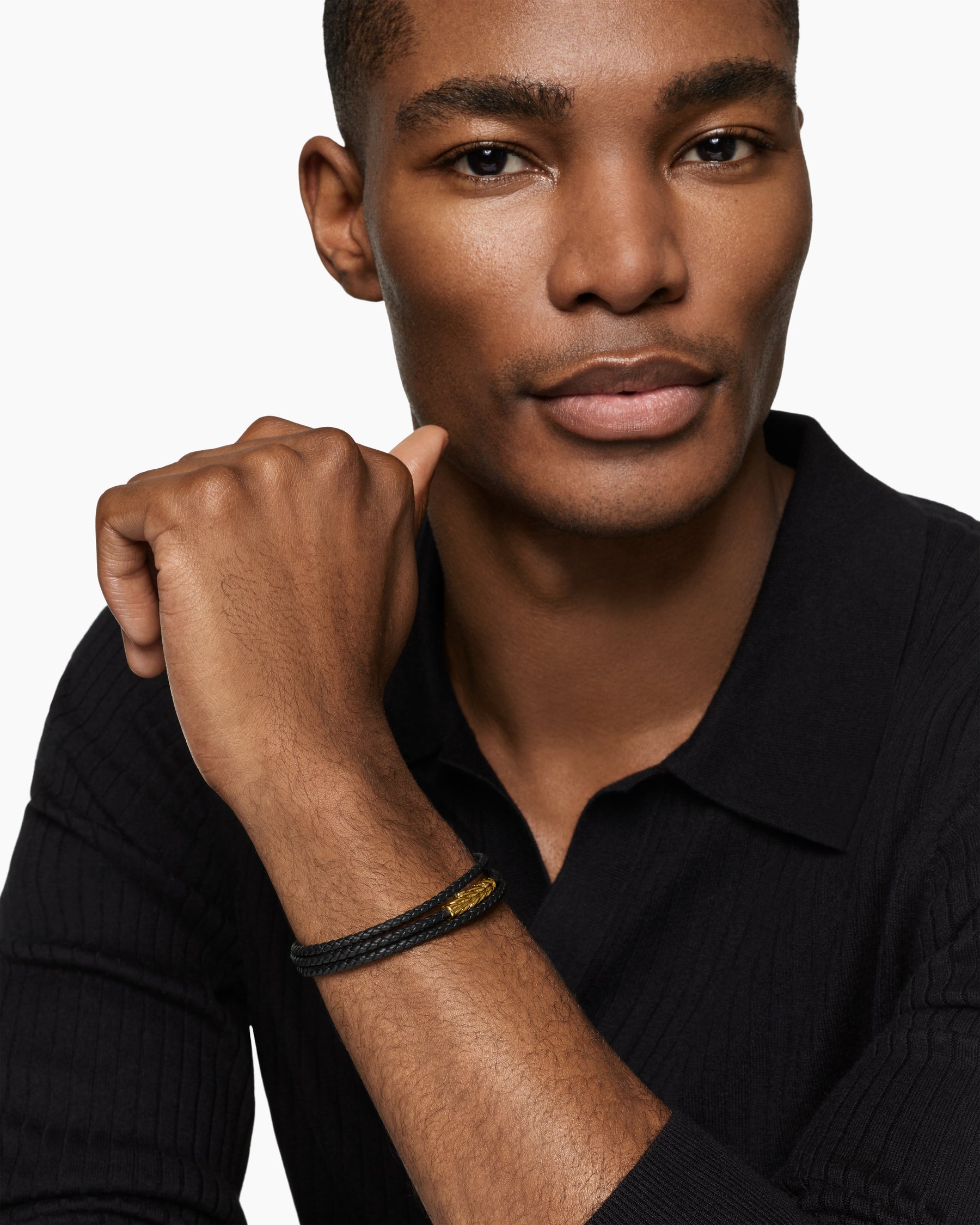 Chevron Triple Wrap Bracelet in Black Leather with 18K Yellow Gold, 3mm - Image 2
