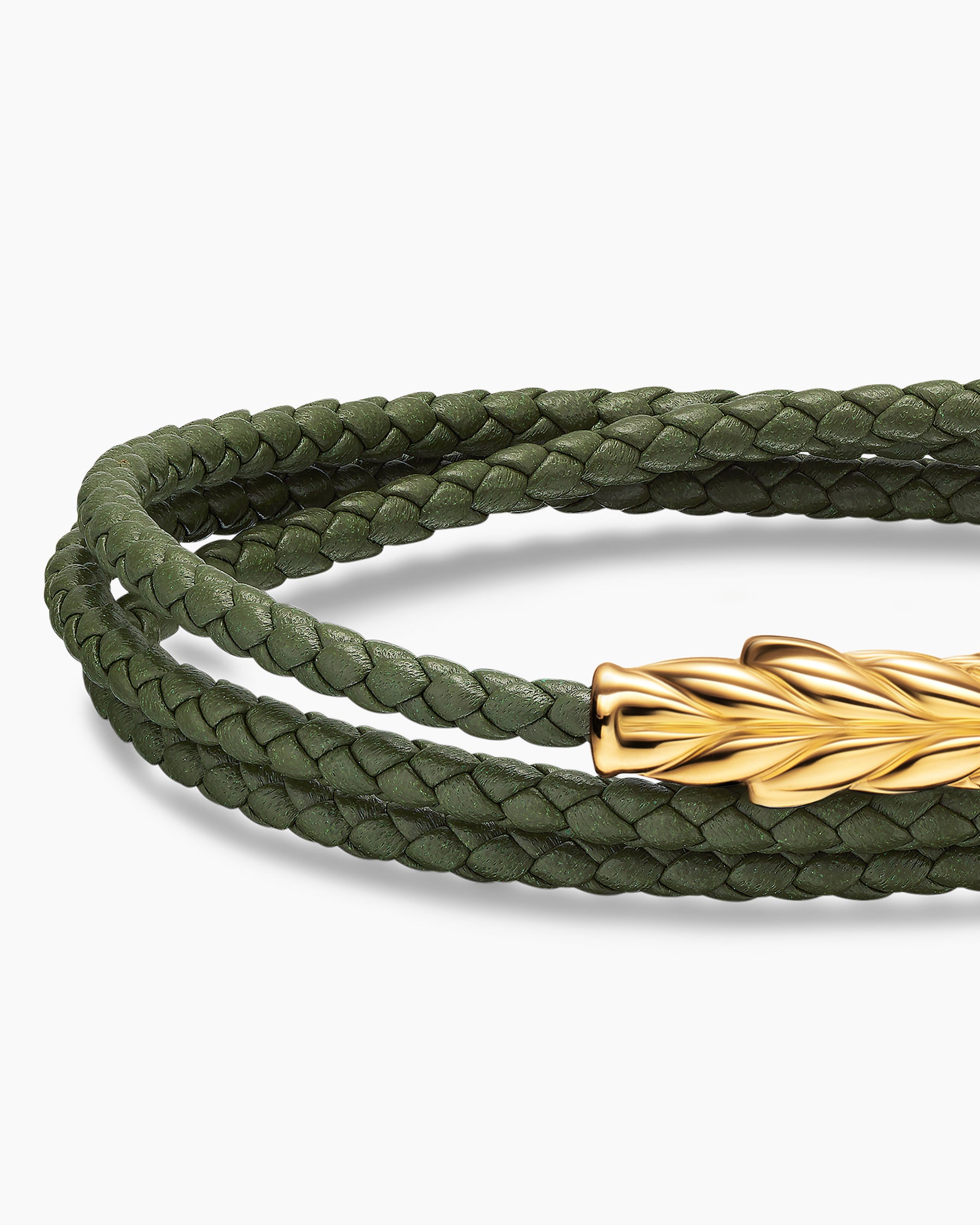Chevron Triple Wrap Bracelet in Green Leather with 18K Yellow Gold, 3mm - Image 5