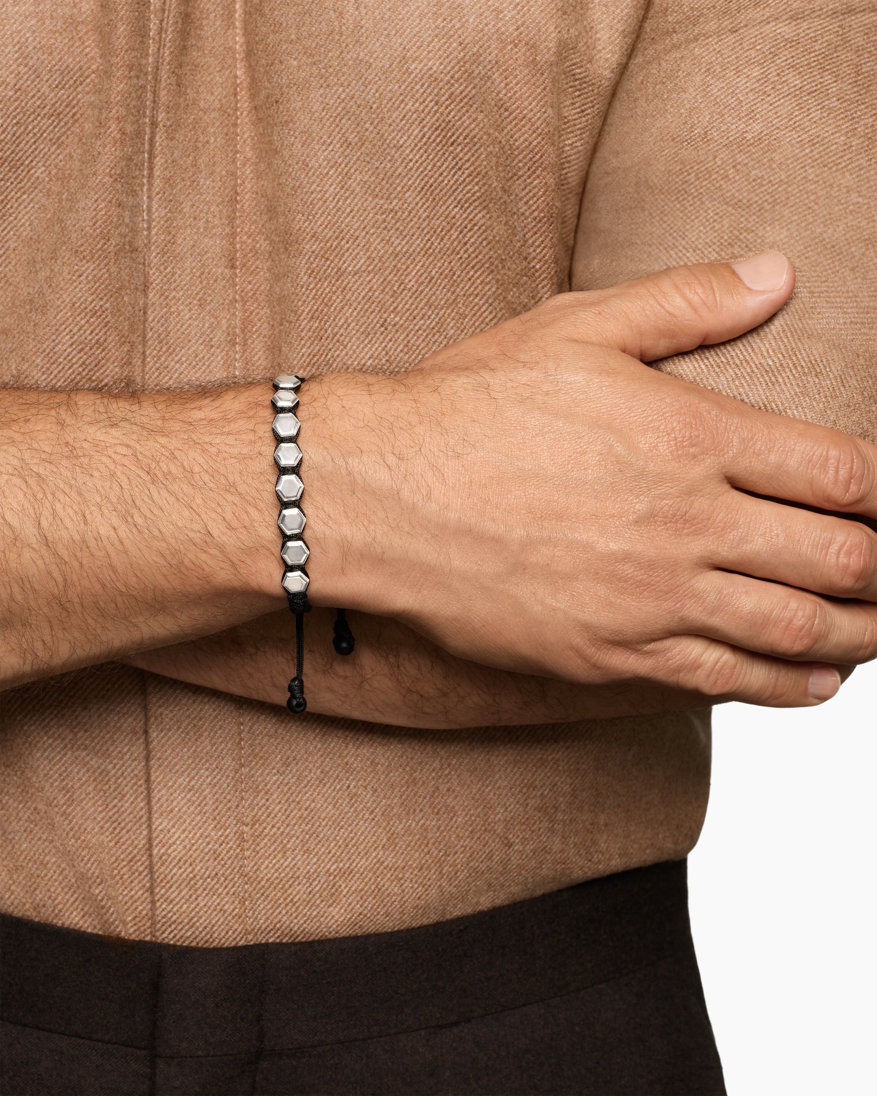 Alternative view of Faceted Woven Bracelet in Sterling Silver with Black Nylon and Black Onyx, 8mm