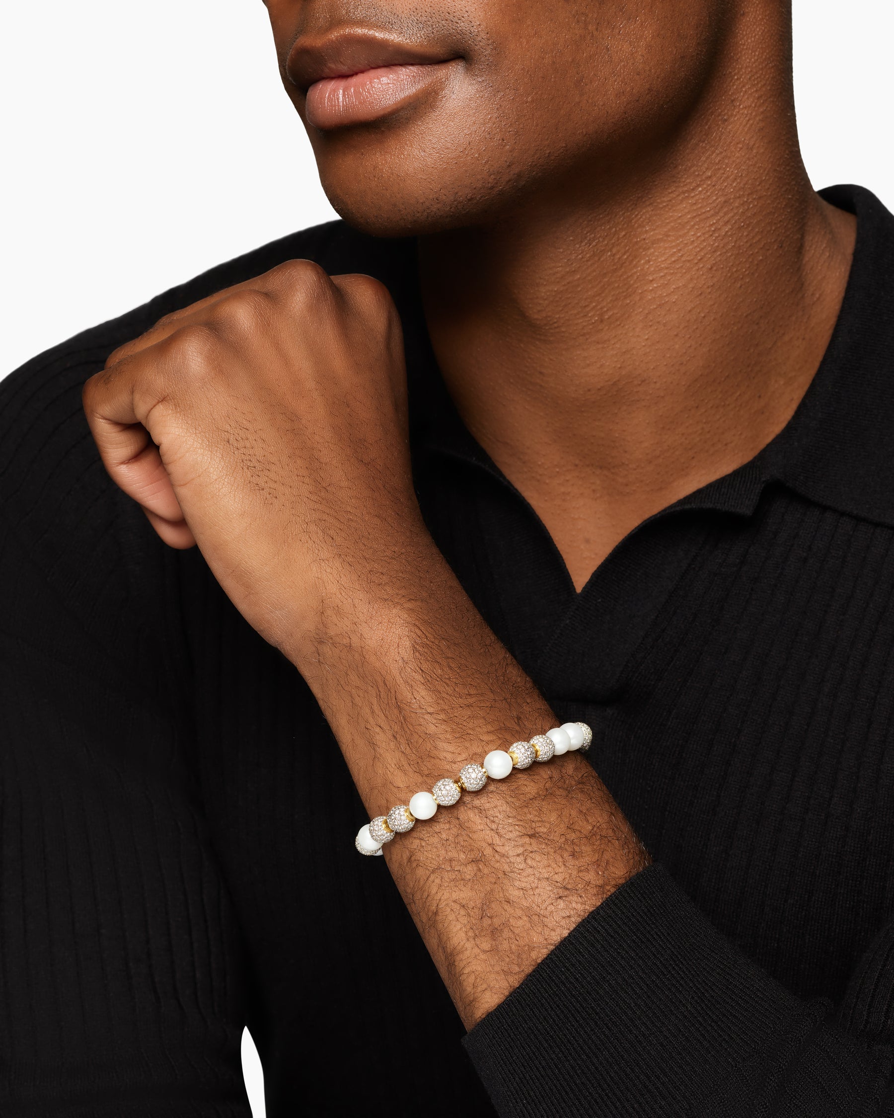 Spiritual Beads Pearl and Pavé Bracelet in 18K Yellow Gold with Diamonds, 8mm - Image 2