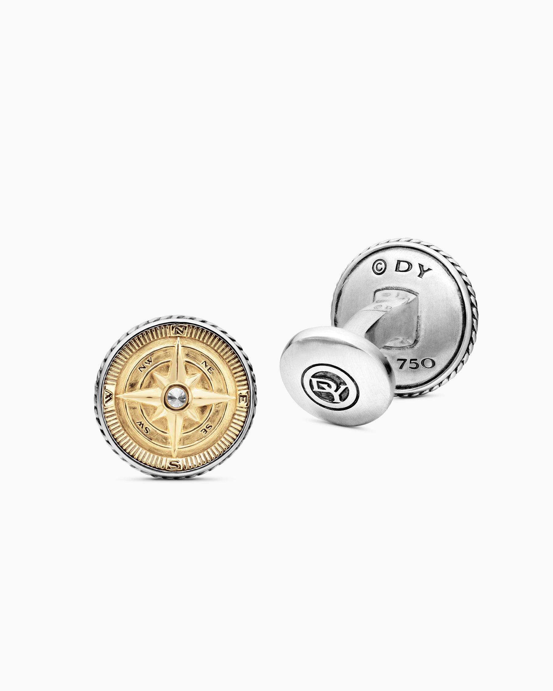 Maritime Compass Cufflinks in Sterling Silver with 18K Yellow Gold and Center Diamond, 16mm - Image 3