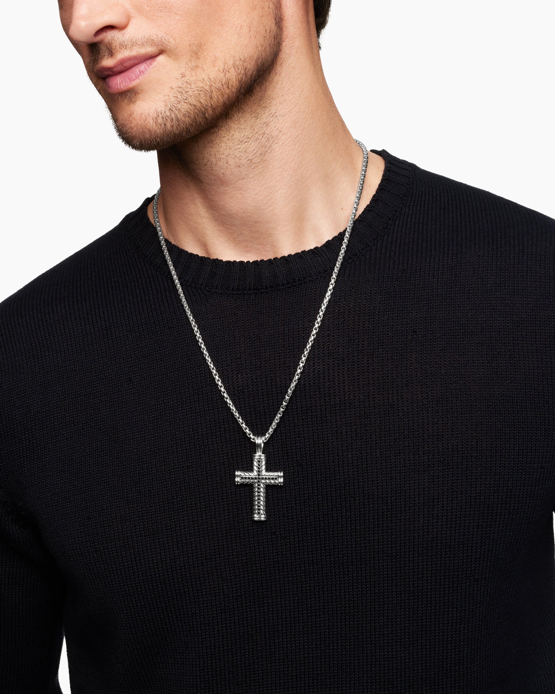 Chevron Cross Pendant in Sterling Silver with Black Diamonds, 41.5mm - Image 7