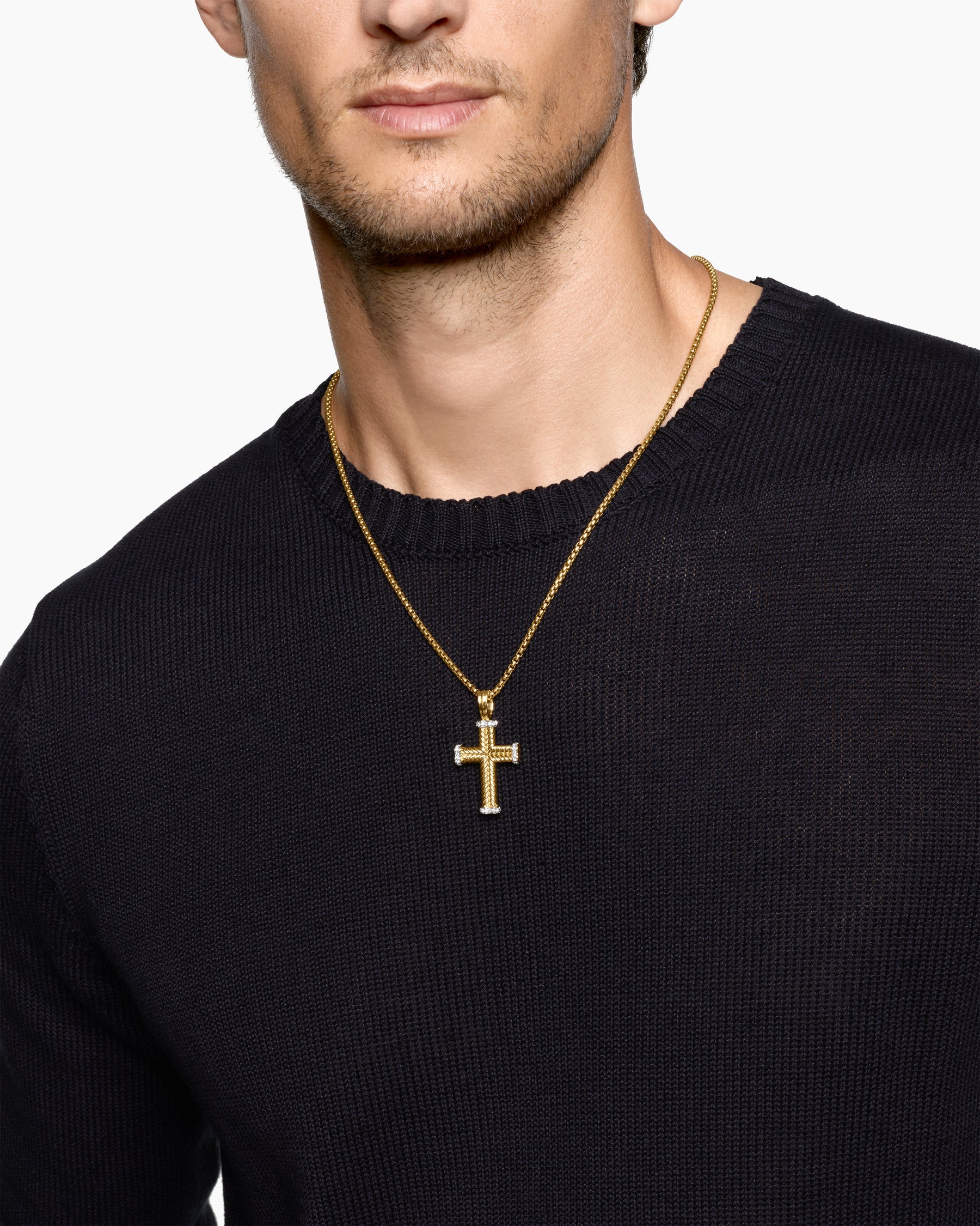 Chevron Cross Pendant in 18K Yellow Gold with Diamonds, 33mm - Image 2