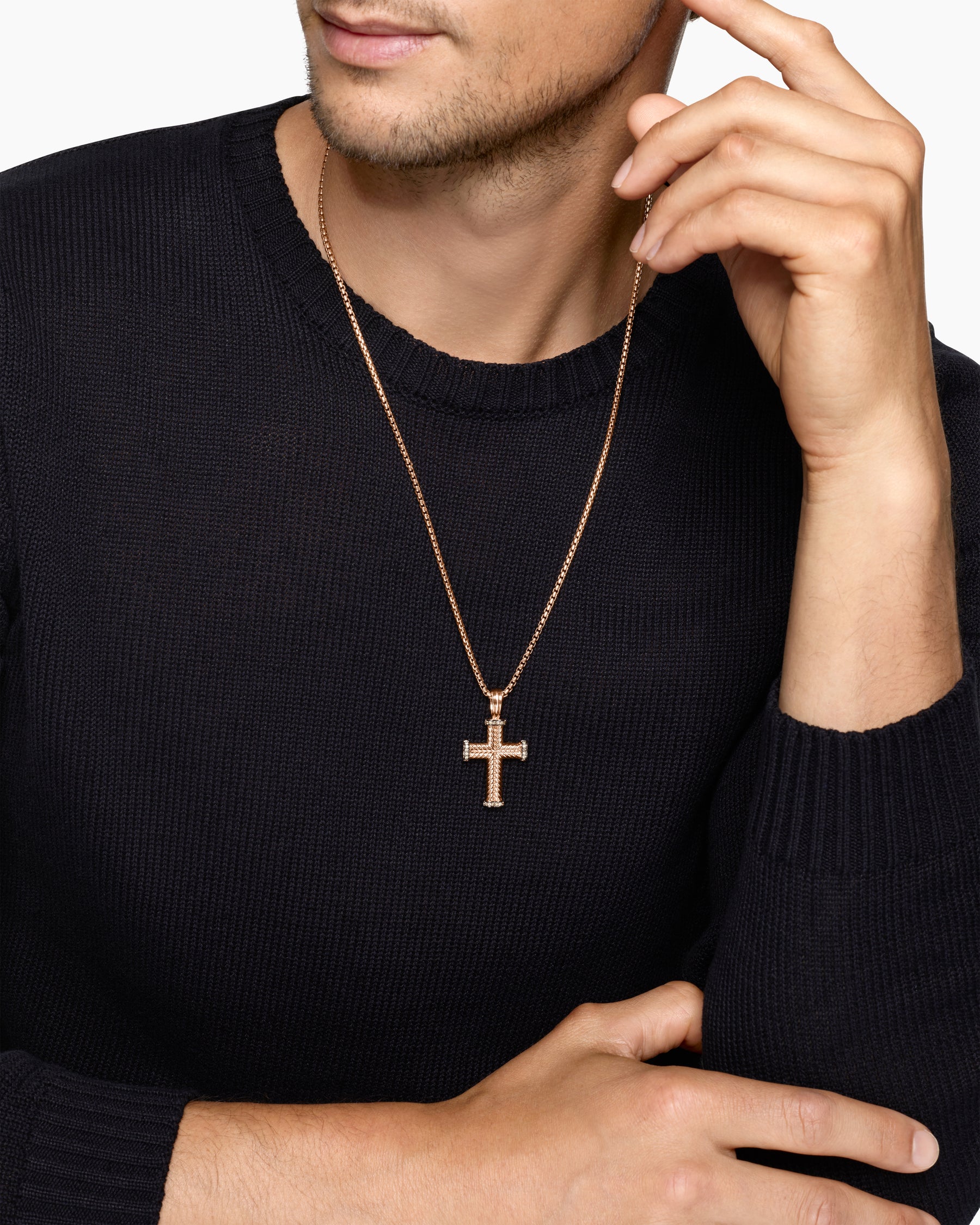 Chevron Cross Pendant in 18K Rose Gold with Cognac Diamonds, 33mm - Image 2