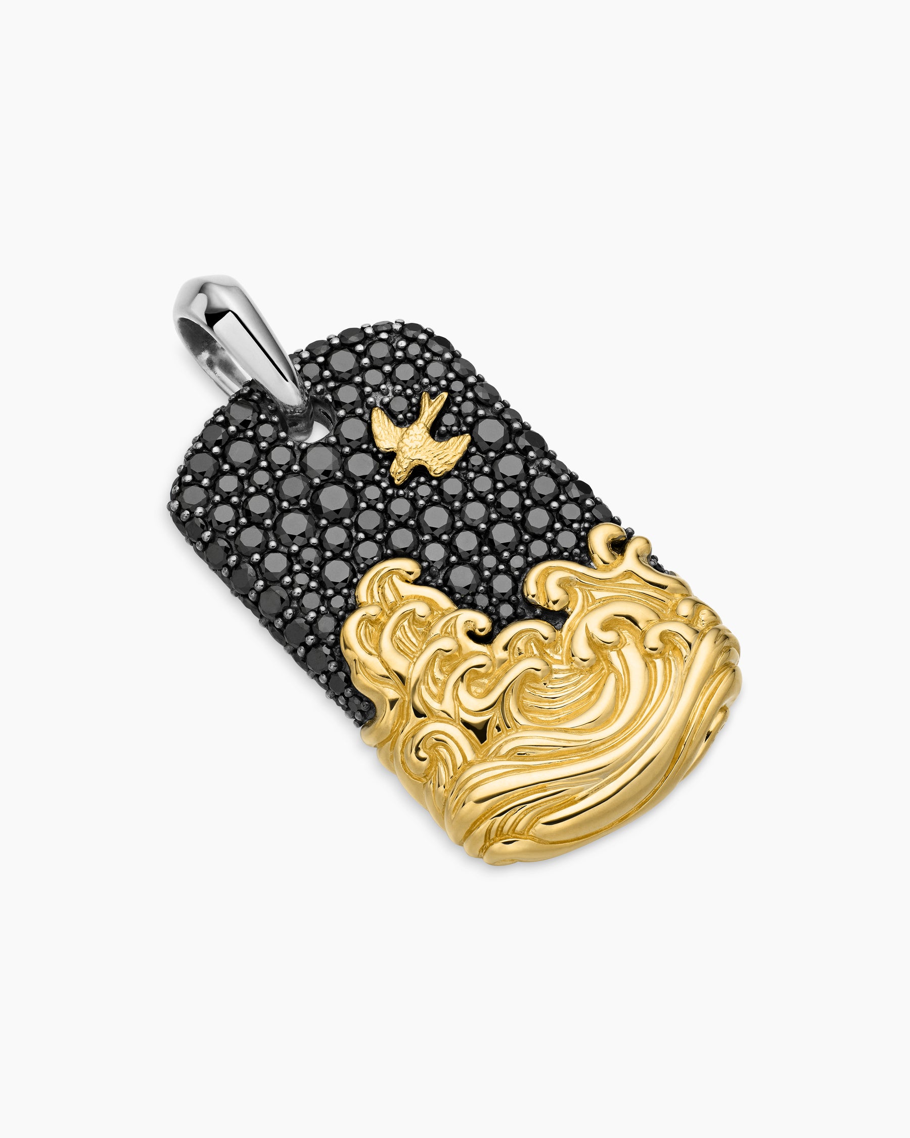 Waves Tag in Sterling Silver with 18K Yellow Gold and Black Diamonds, 35mm - Image 3