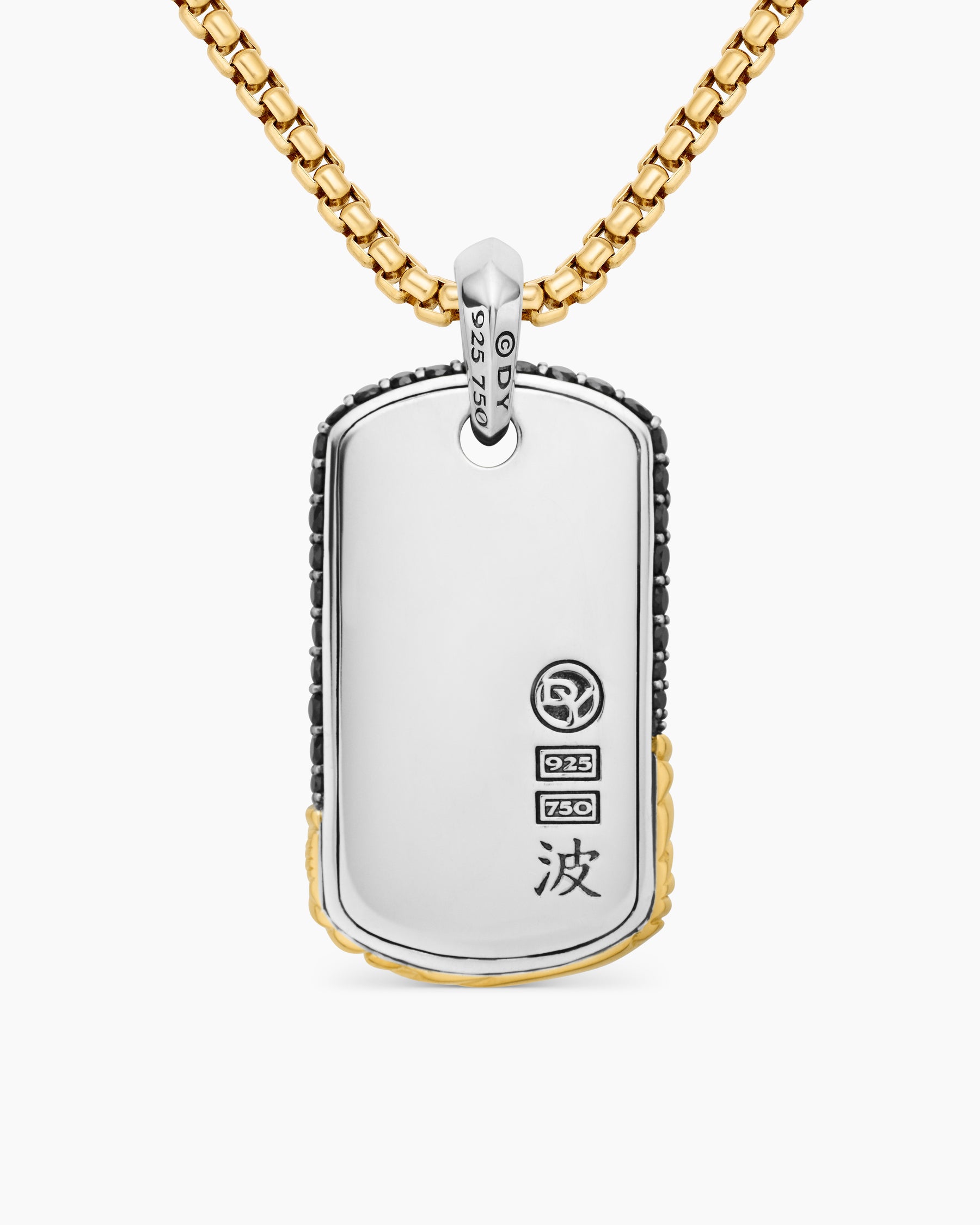 Waves Tag in Sterling Silver with 18K Yellow Gold and Black Diamonds, 35mm - Image 4