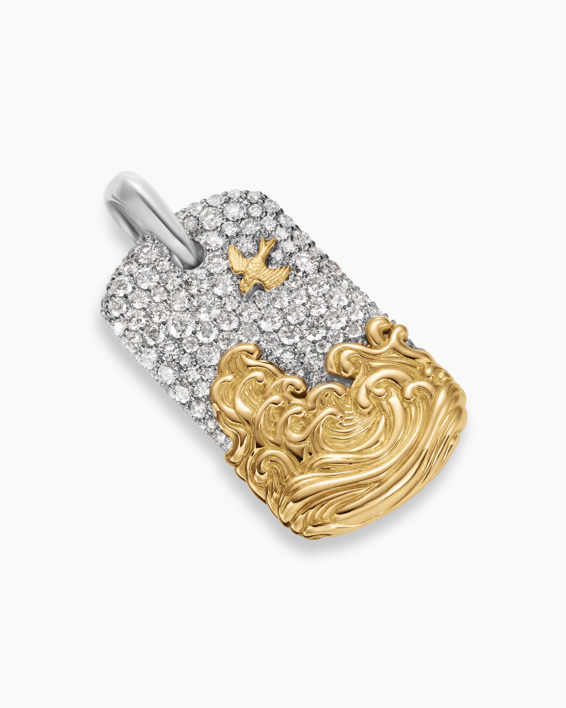 Waves Tag in Sterling Silver with 18K Yellow Gold and Diamonds, 35mm - Image 3
