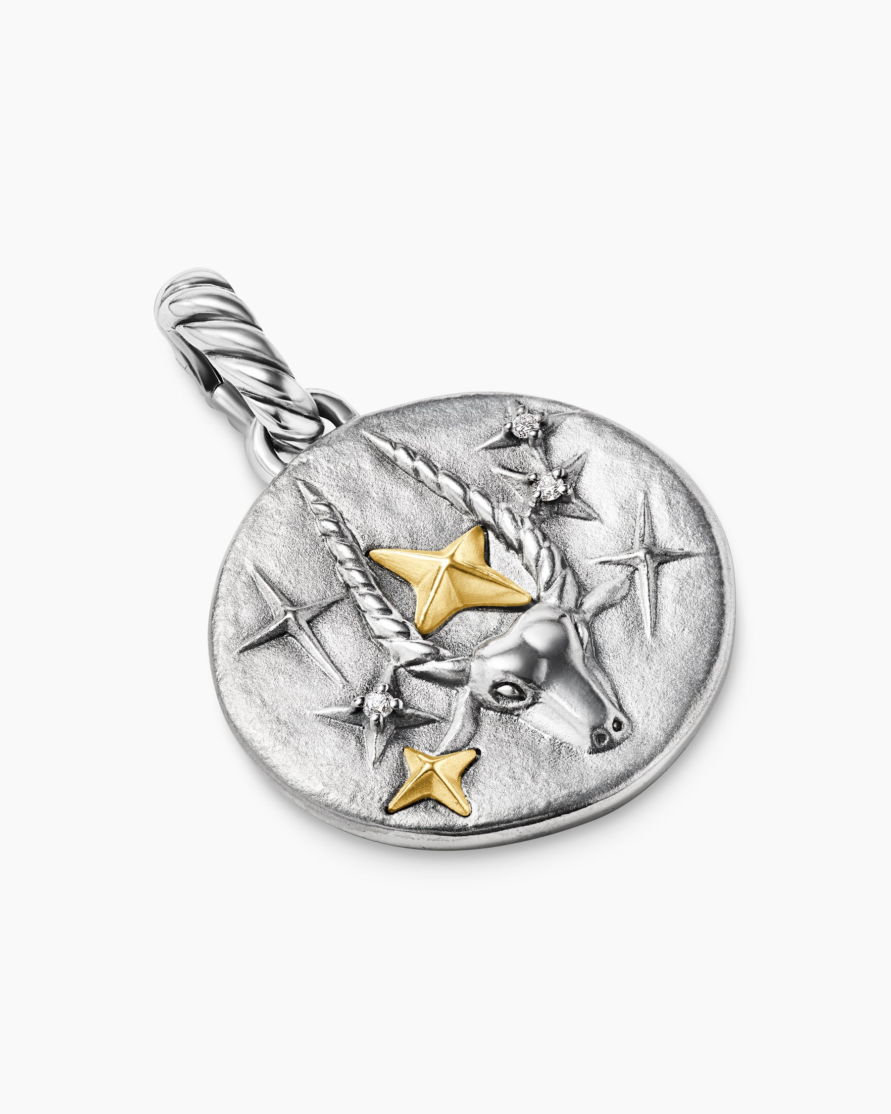 Capricorn Amulet in Sterling Silver with 18K Yellow Gold and Diamonds, 19mm - Image 3
