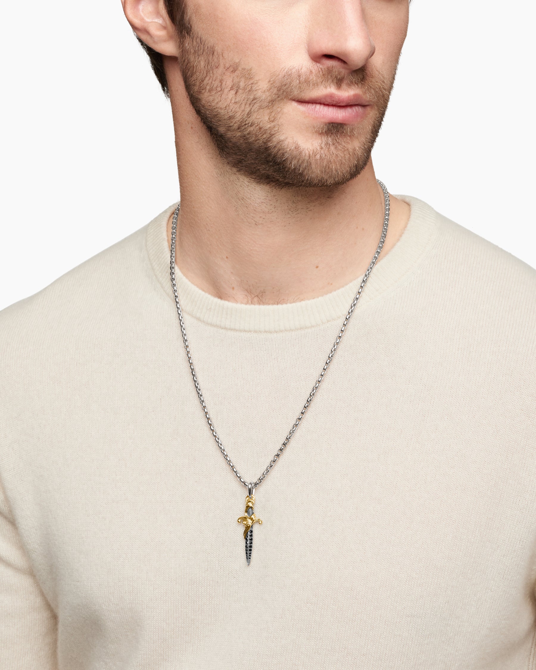 Waves Dagger Amulet in Sterling Silver with 18K Yellow Gold and Black Diamonds, 44mm - Image 7