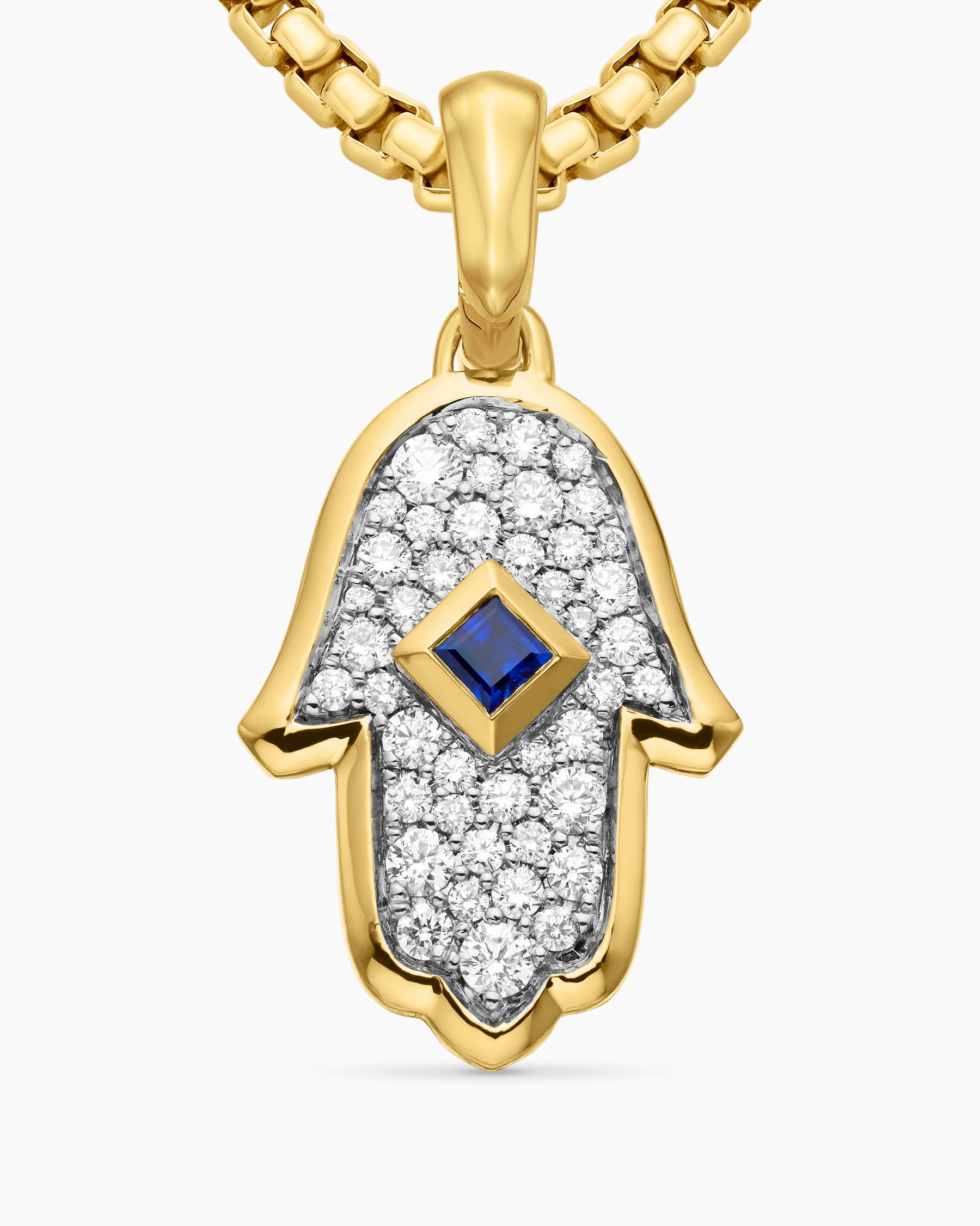 Hamsa Amulet in 18K Yellow Gold with Pavé Diamonds and Blue Sapphire, 24.6mm - Image 5