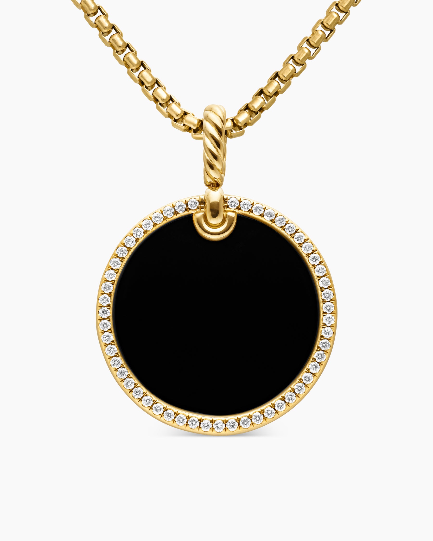 DY Elements Disc Pendant in 18K Yellow Gold with Black Onyx and Diamond Rim, 24mm